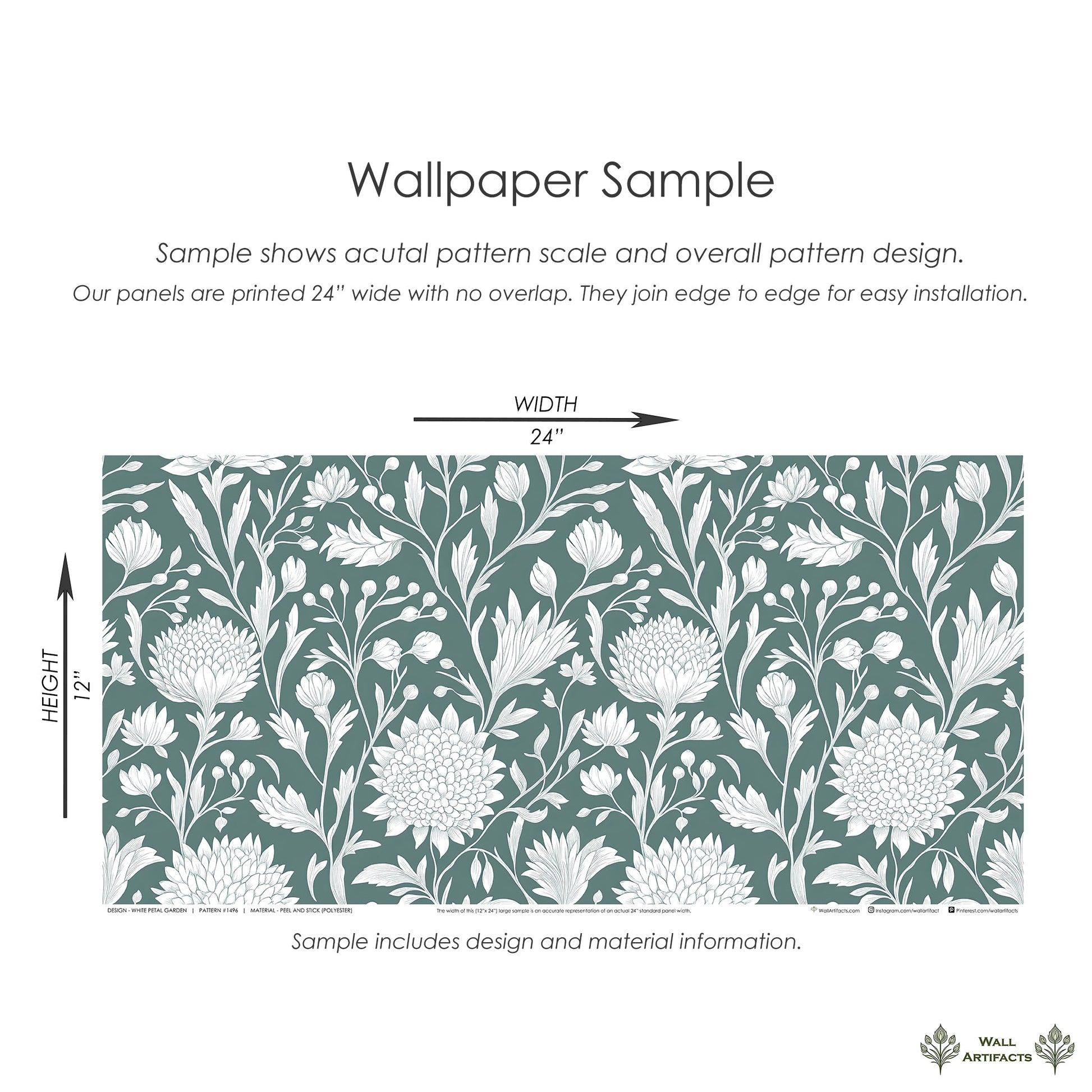White Petal Garden wallpaper sample with elegant white floral design on mint green background, ideal for sophisticated cottagecore decor.