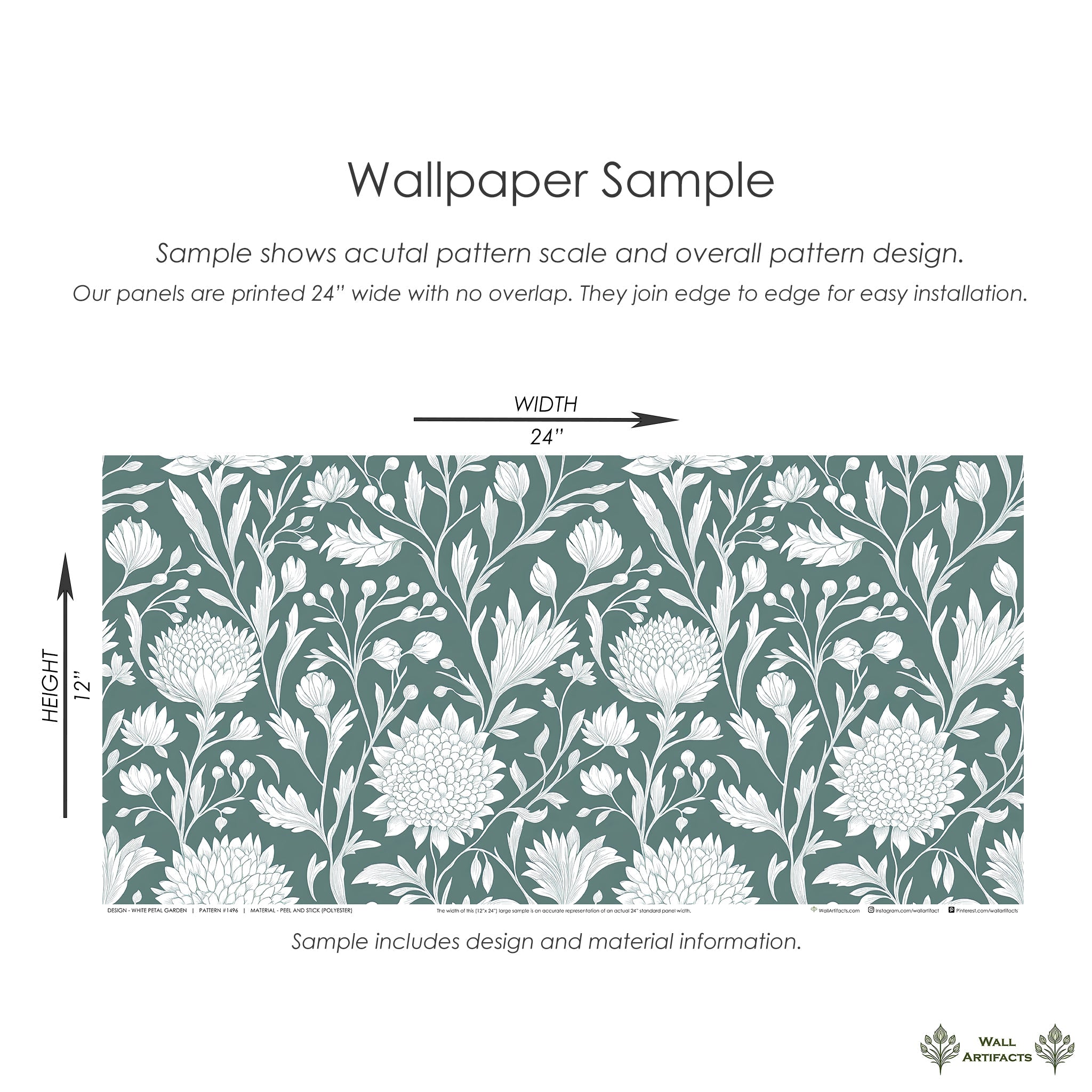White Petal Garden wallpaper sample with elegant white floral design on mint green background, ideal for sophisticated cottagecore decor.