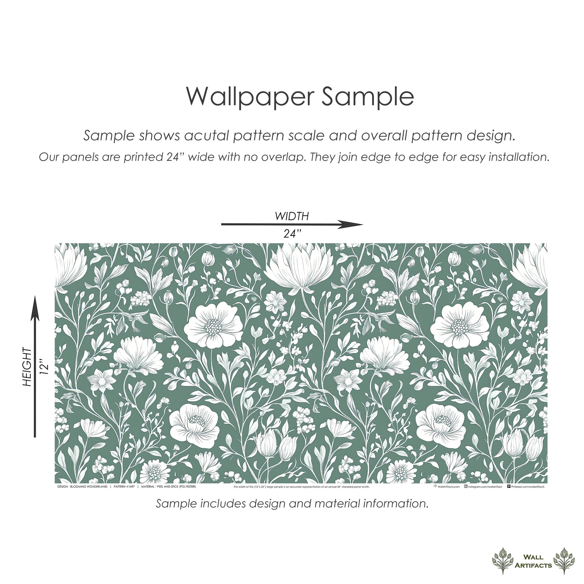 Wall Artifacts Blooming Wonderland wallpaper sample; white floral design on mint green background, showcasing timeless botanical elegance.