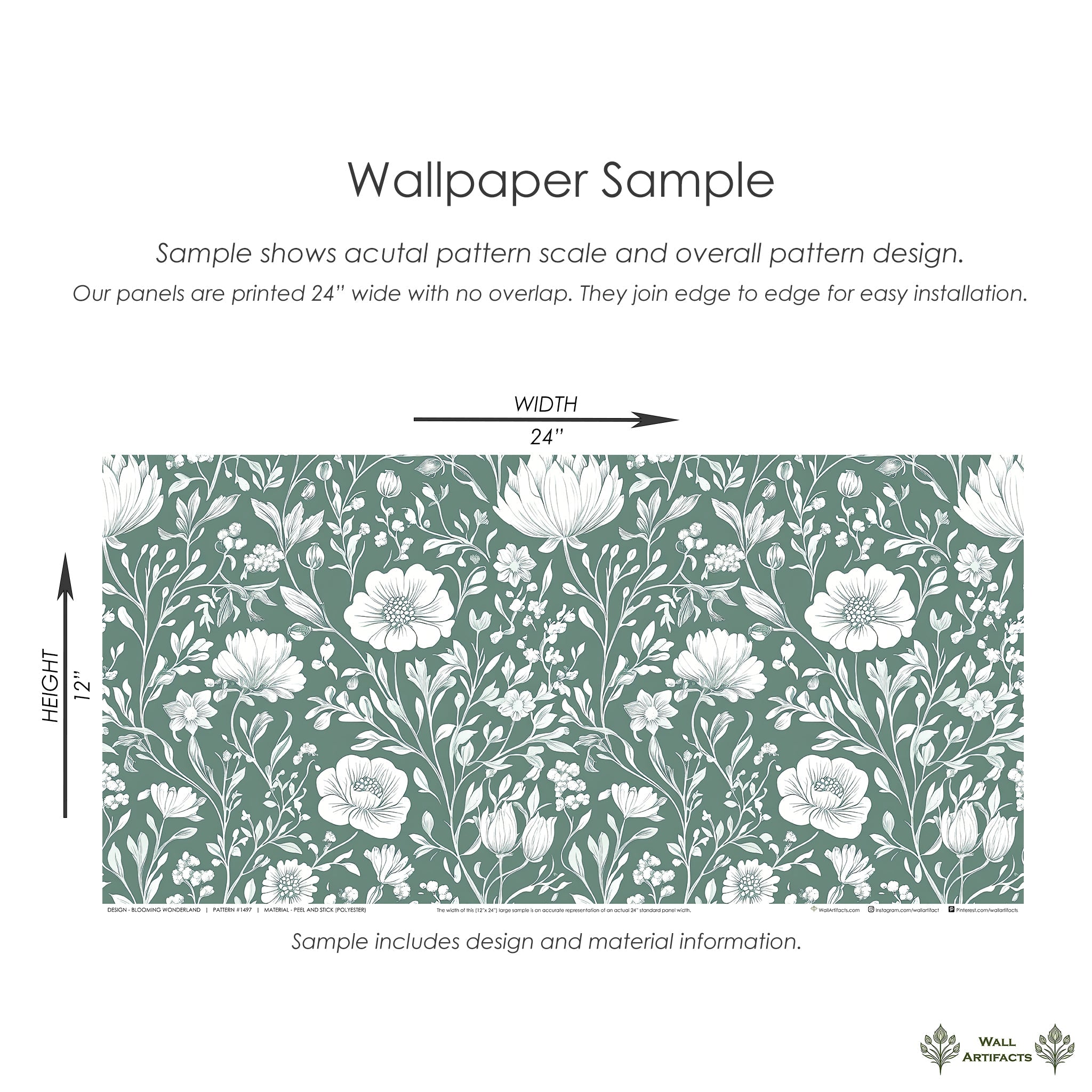 Wall Artifacts Blooming Wonderland wallpaper sample; white floral design on mint green background, showcasing timeless botanical elegance.
