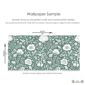 Wall Artifacts Blooming Wonderland wallpaper sample; white floral design on mint green background, showcasing timeless botanical elegance.