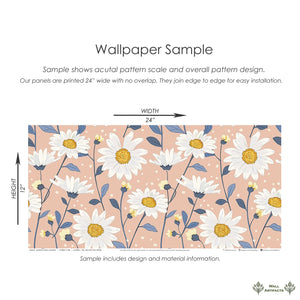 Wallpaper sample featuring white daisies with golden centers on peach background, floral design perfect for bedrooms or nurseries.