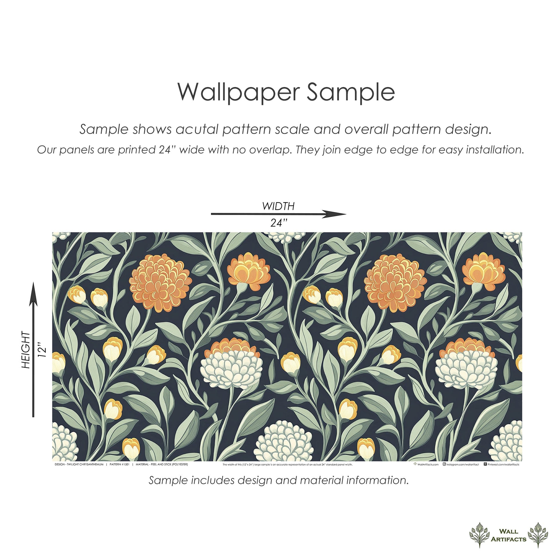 Wallpaper sample showing floral pattern with orange, ivory chrysanthemums on navy background, illustrating depth and sophistication.
