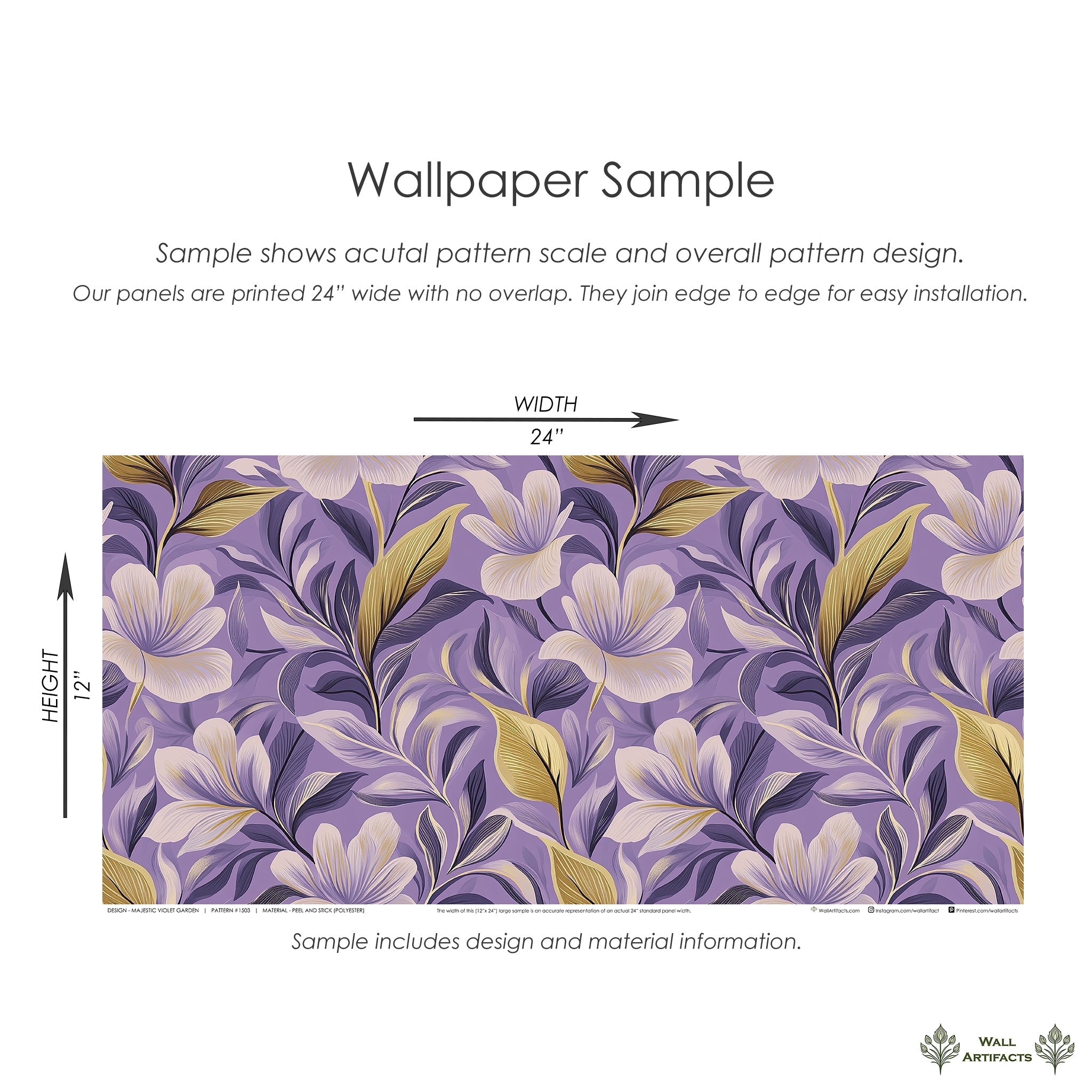 Majestic Violet Garden wallpaper sample featuring timeless florals, purple background, with white flowers for a modern accent.