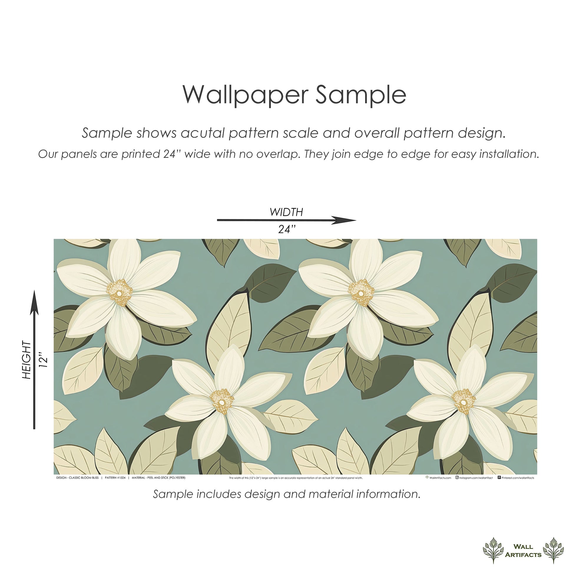 Classic Bloom Bliss wallpaper with ivory flowers and sage leaves on teal, offering a timeless, floral retro look by Wall Artifacts.