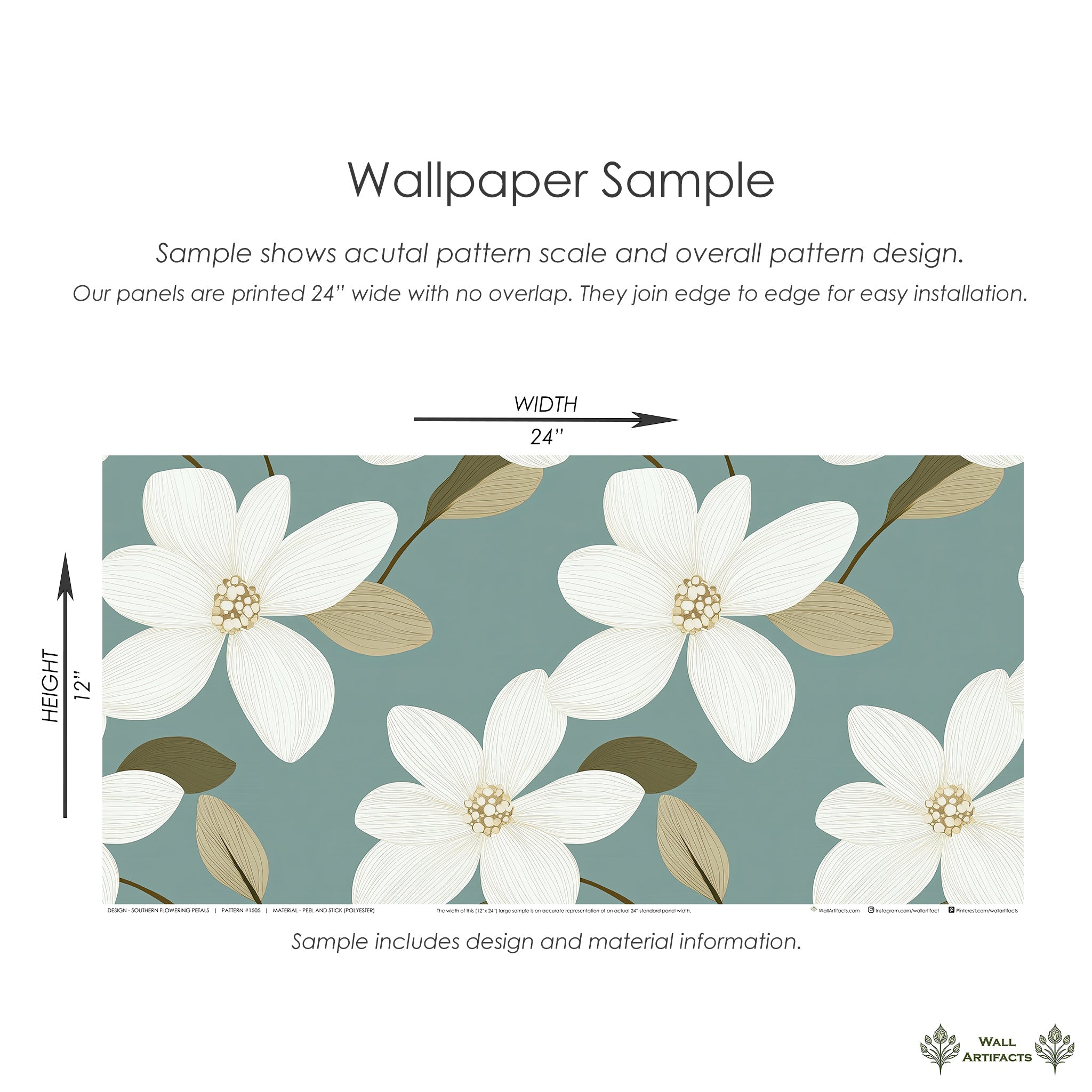Southern Flowering Petals wallpaper sample with ivory blooms on teal, featuring modern floral and retro white design elements.