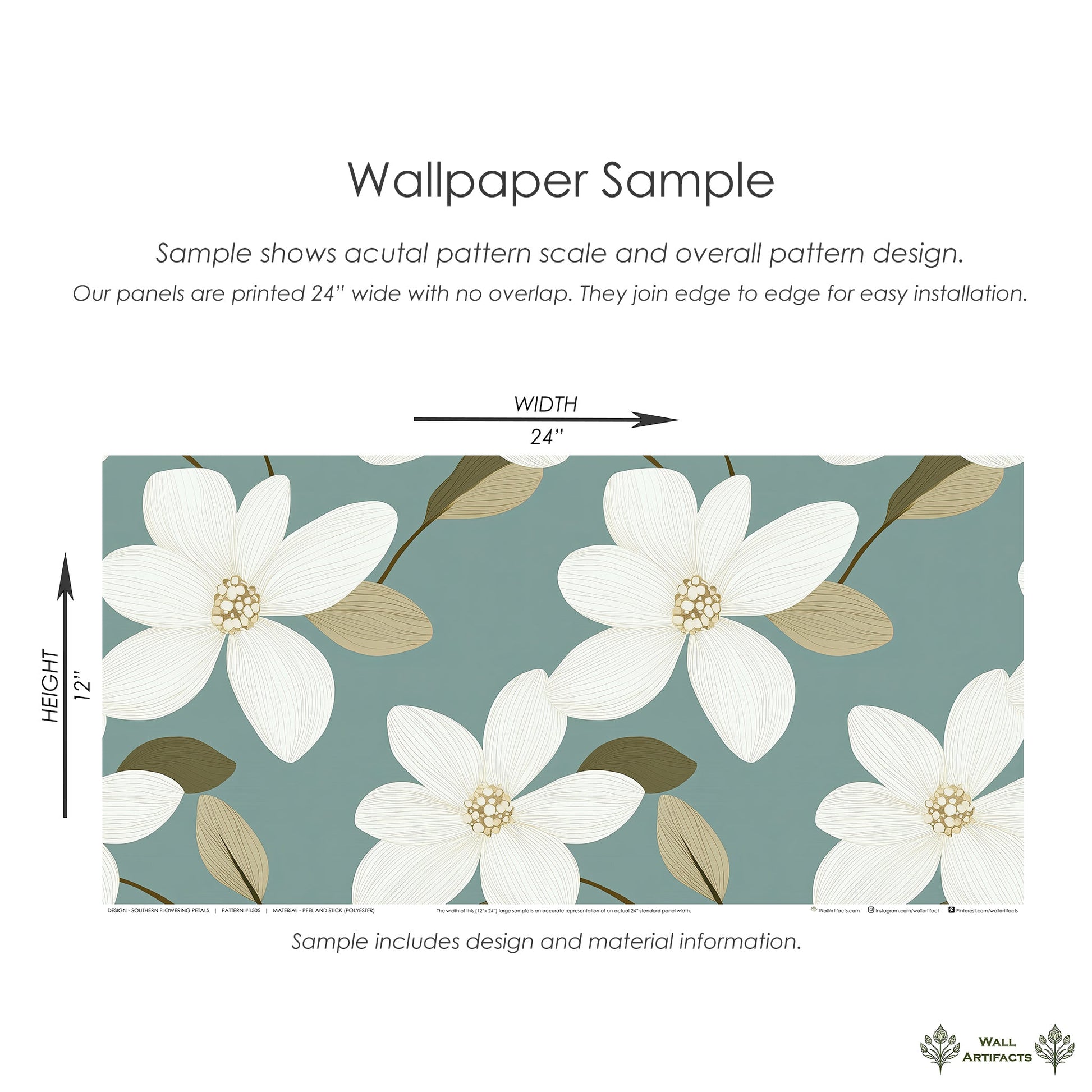 Southern Flowering Petals wallpaper sample with ivory blooms on teal, featuring modern floral and retro white design elements.