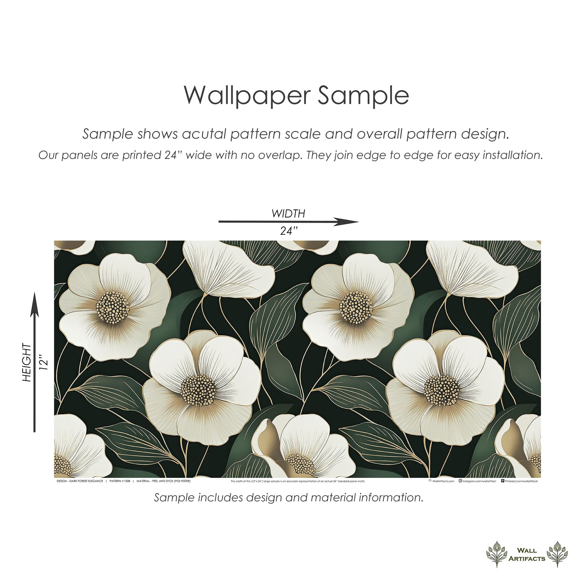 Dark Forest Elegance wallpaper sample with ivory flowers and gold outlines on a deep green background, ideal for modern accents.