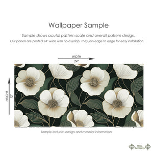 Dark Forest Elegance wallpaper sample with ivory flowers and gold outlines on a deep green background, ideal for modern accents.