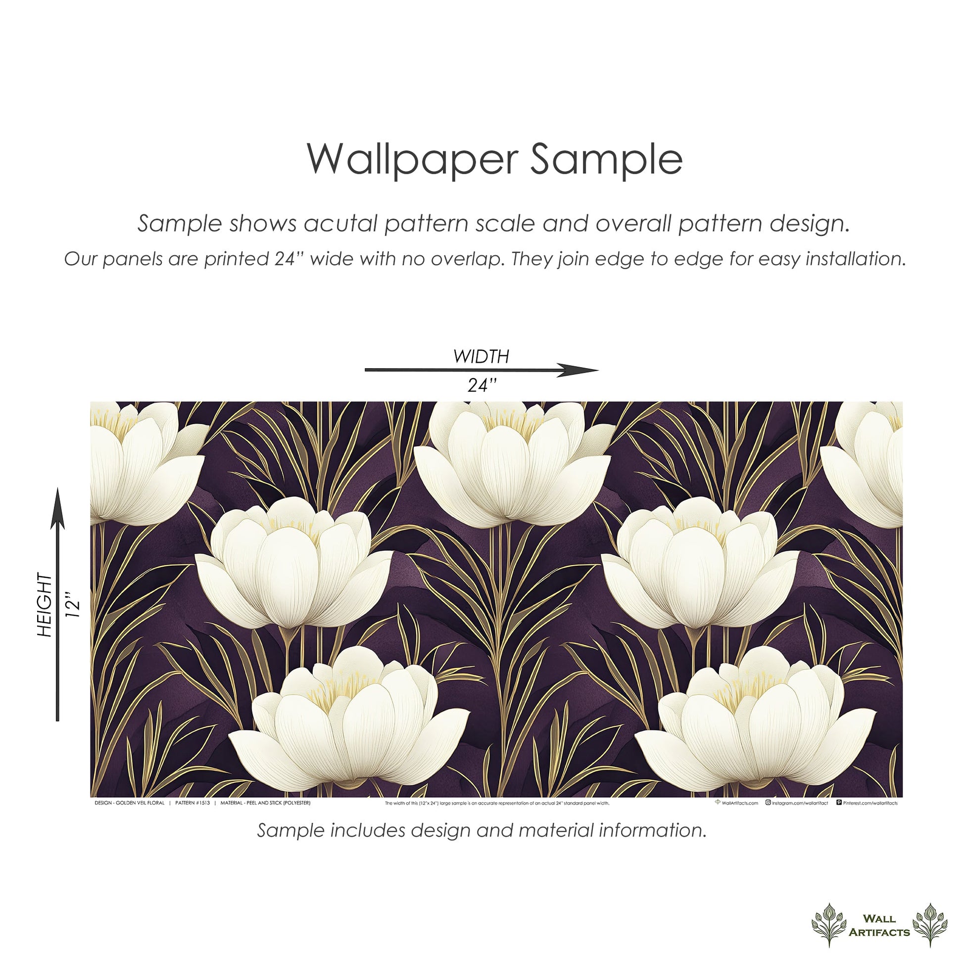 Golden Veil Floral Wallpaper with ivory flowers, gold accents, and art deco style on a plum background, perfect for modern interiors.