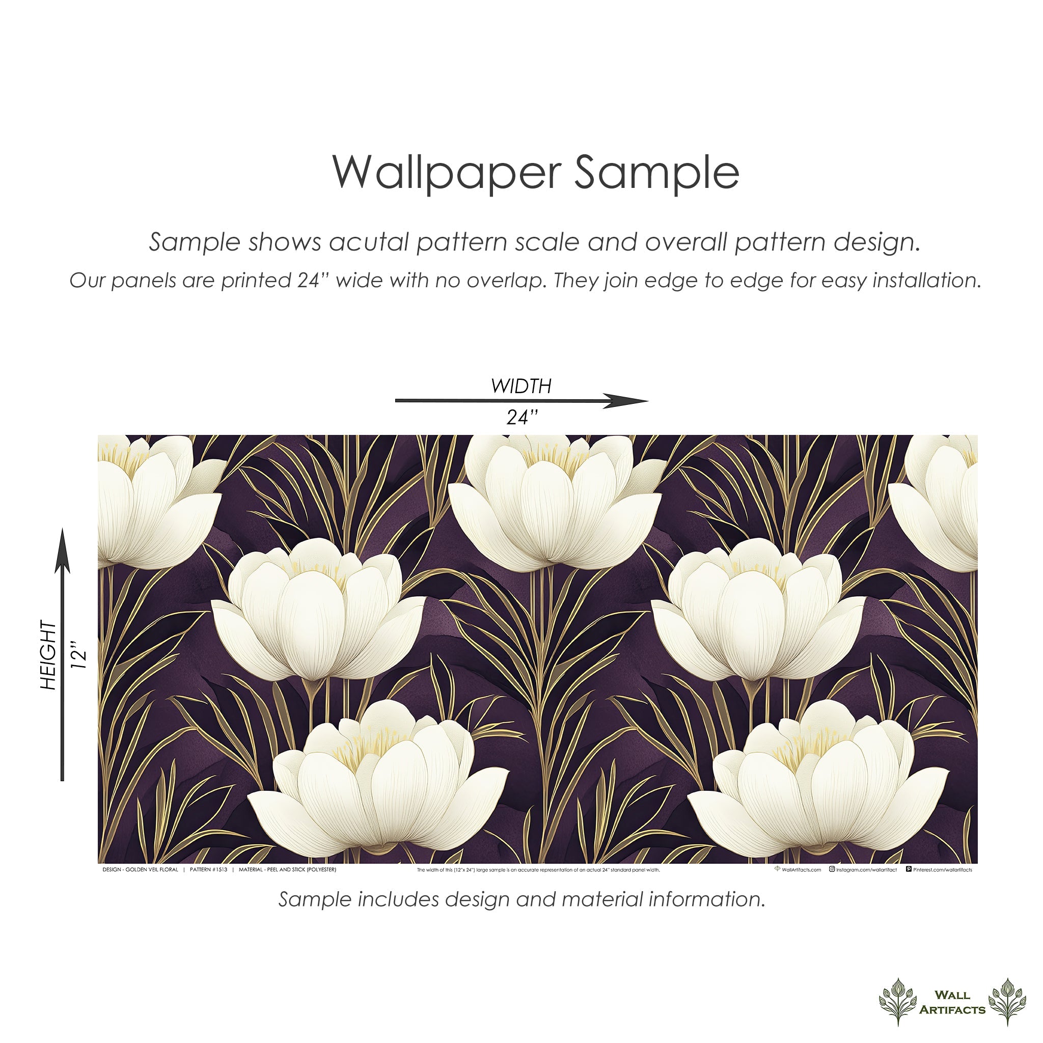 Golden Veil Floral Wallpaper with ivory flowers, gold accents, and art deco style on a plum background, perfect for modern interiors.