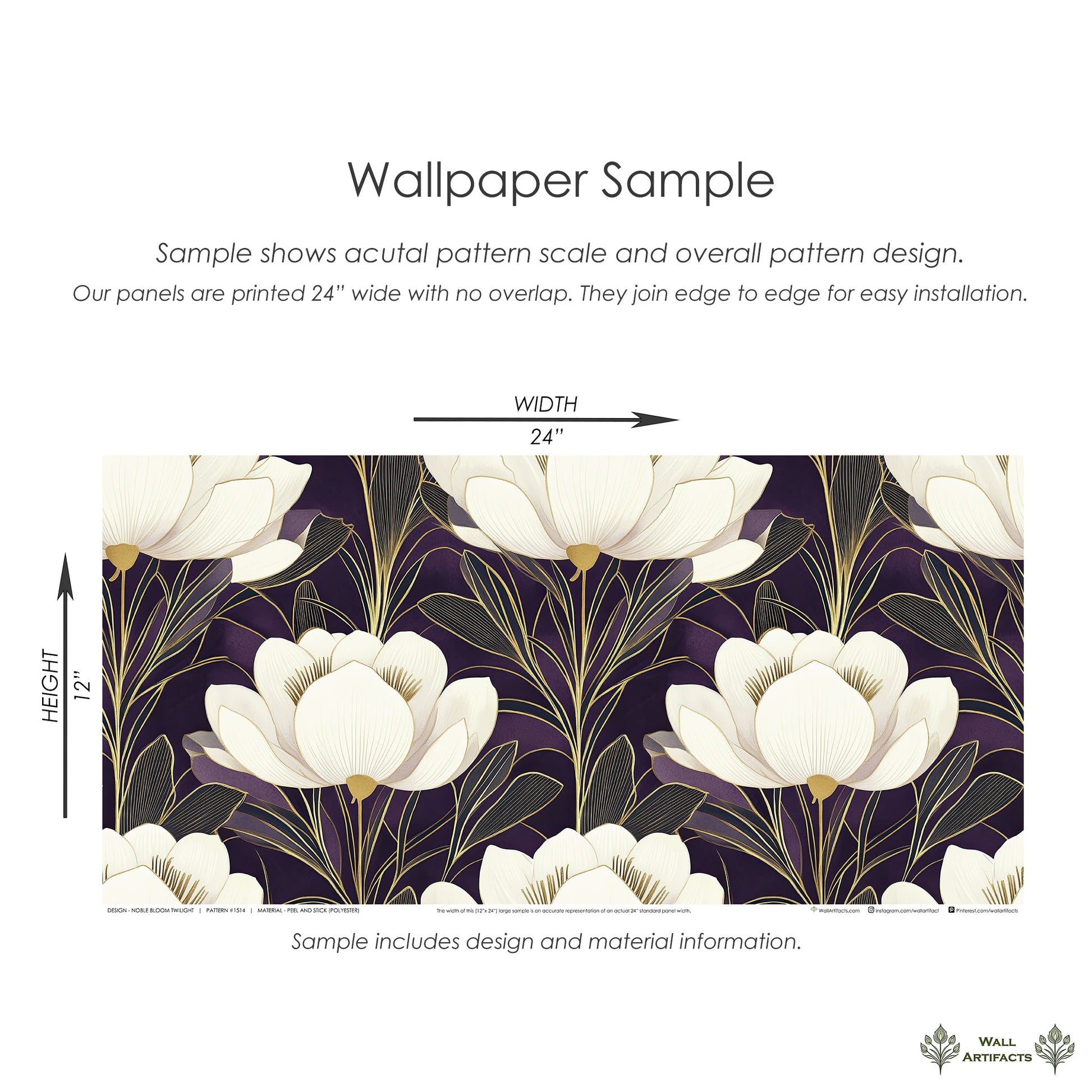 Noble Bloom Twilight wallpaper sample with creamy white flowers, dark plum background, art deco style, floral design, gold accents.
