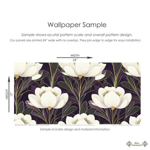 Noble Bloom Twilight wallpaper sample with creamy white flowers, dark plum background, art deco style, floral design, gold accents.
