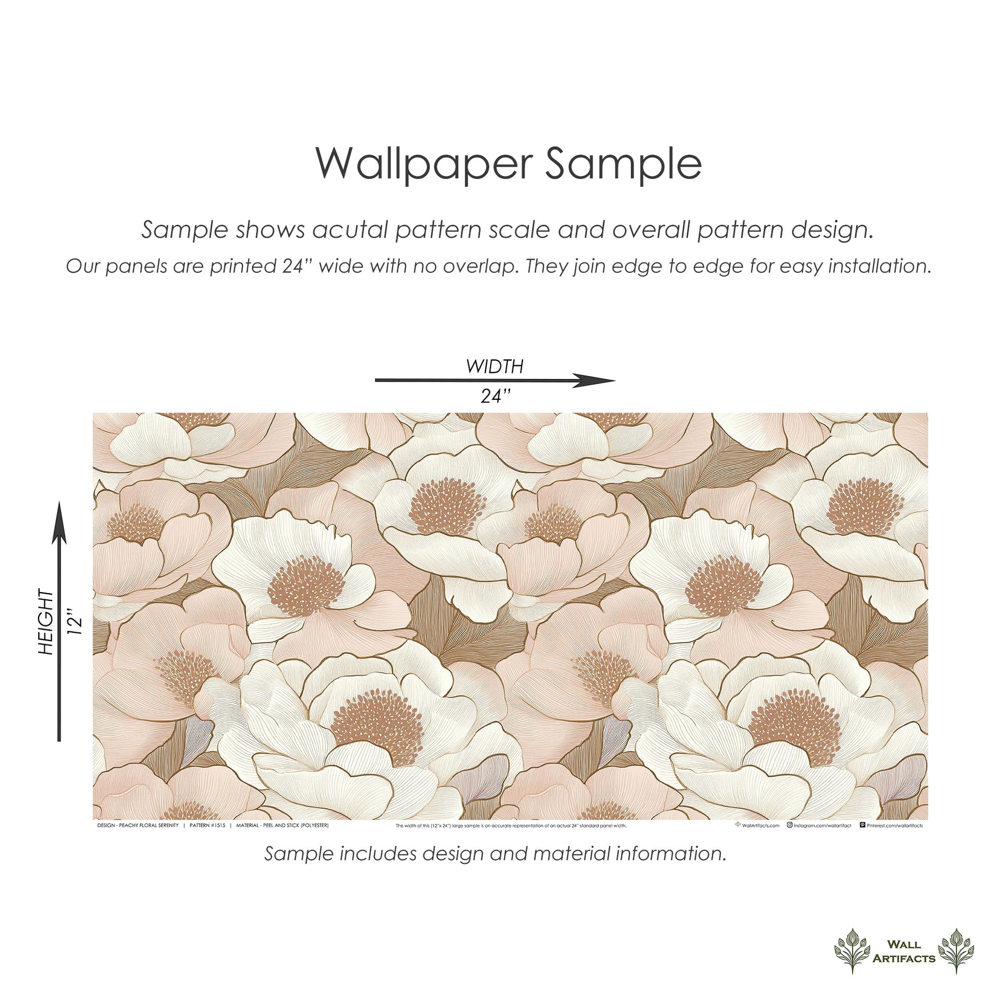 Peach Floral Serenity wallpaper sample featuring peach and cream florals on a monochromatic background, 24x12 inches, by Wall Artifacts.