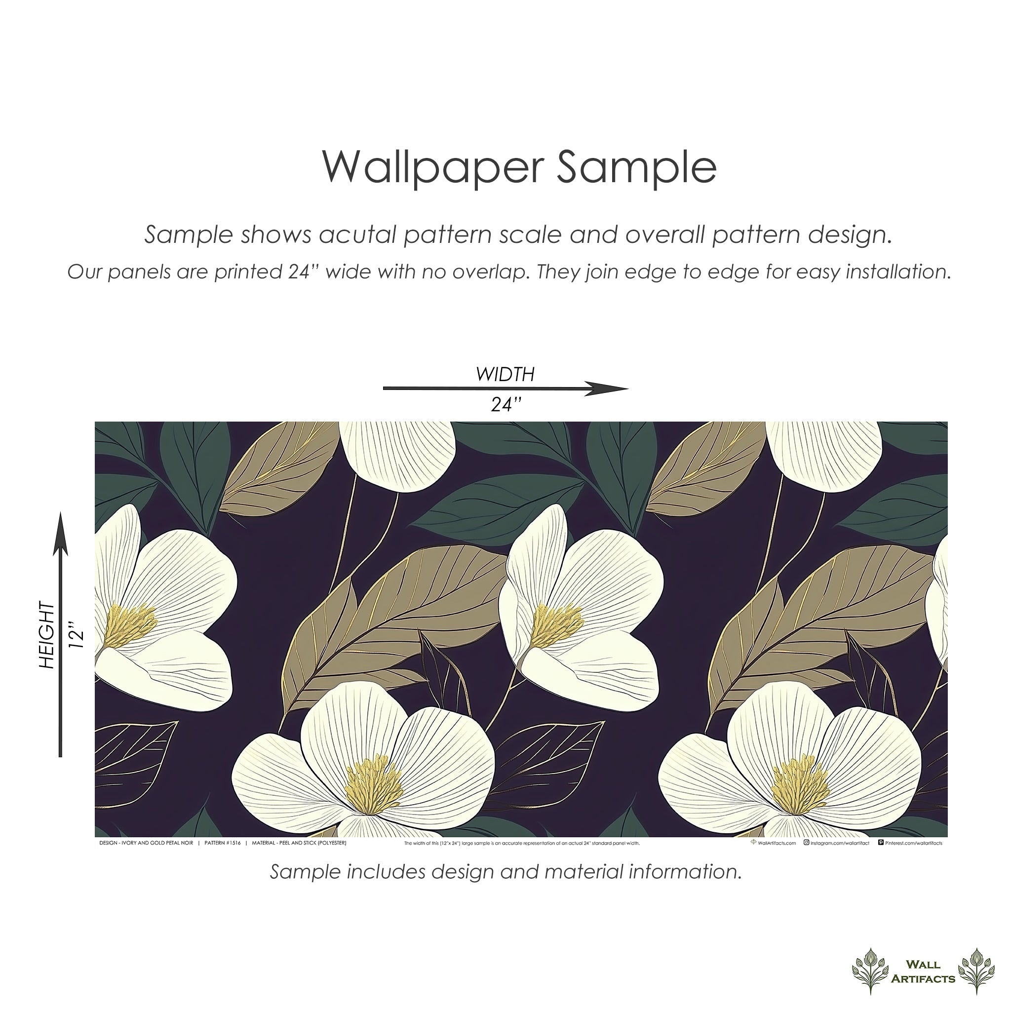 Ivory and Gold Petal Noir floral wallpaper sample with ivory flowers, golden leaves on a noir background, 24x12 inch, modern style.