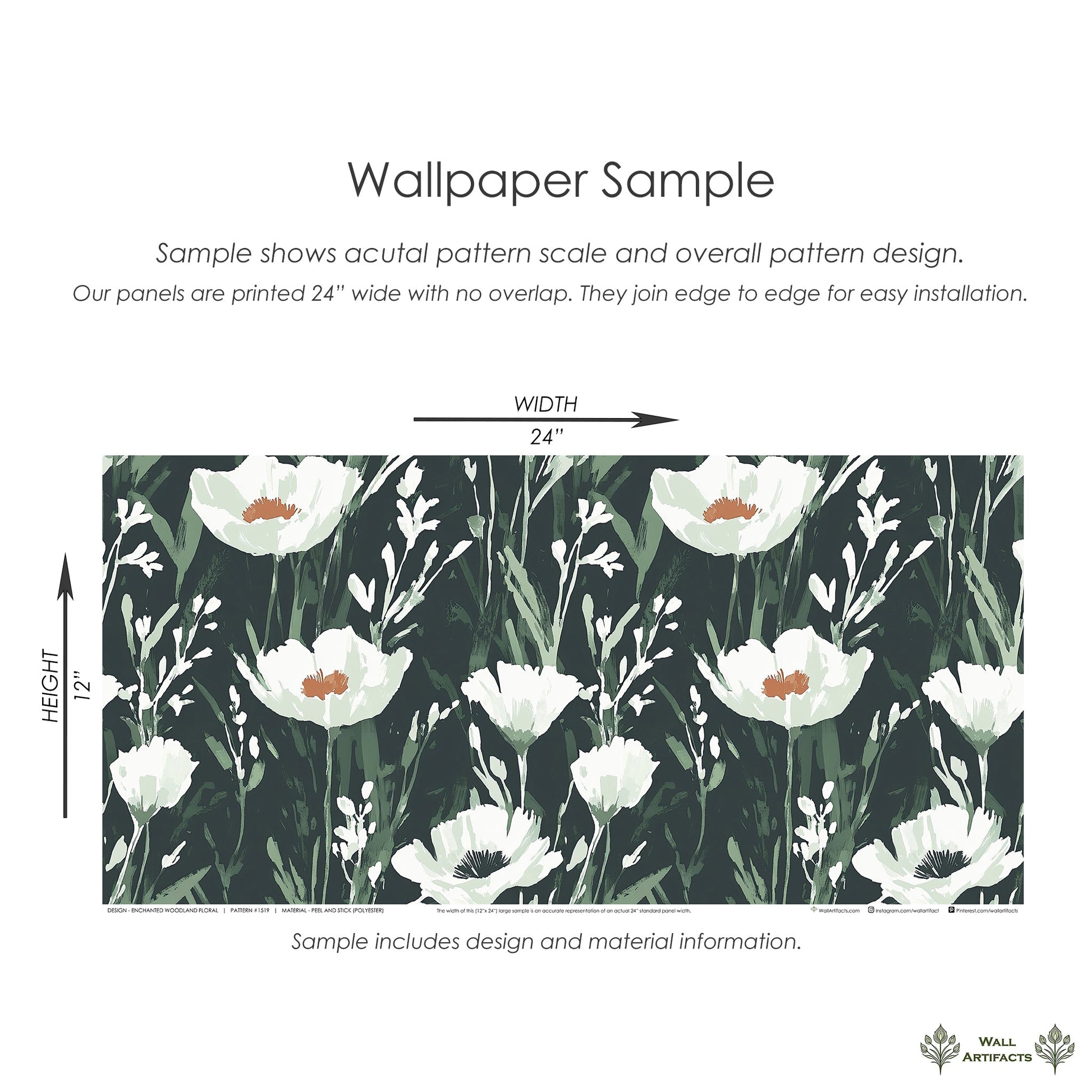 Enchanted Woodland Floral Wallpaper sample with wildflowers showcasing white flowers and green stems on a deep forest backdrop.