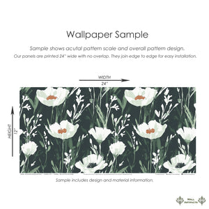 Enchanted Woodland Floral Wallpaper sample with wildflowers showcasing white flowers and green stems on a deep forest backdrop.