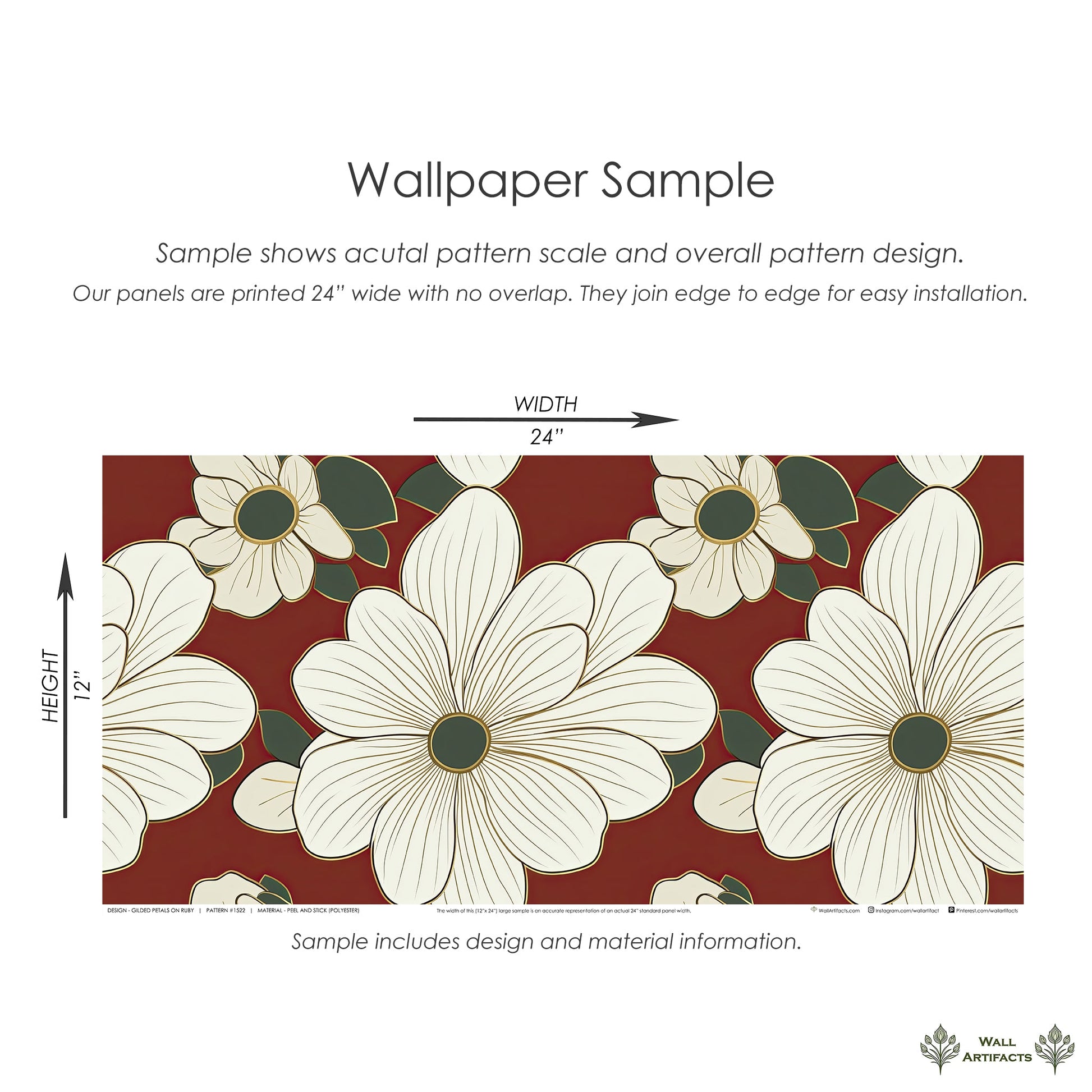 Elegant floral wallpaper with ivory flowers on a red background, featuring gold accents and green foliage, perfect for modern spaces.