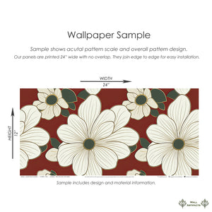 Elegant floral wallpaper with ivory flowers on a red background, featuring gold accents and green foliage, perfect for modern spaces.