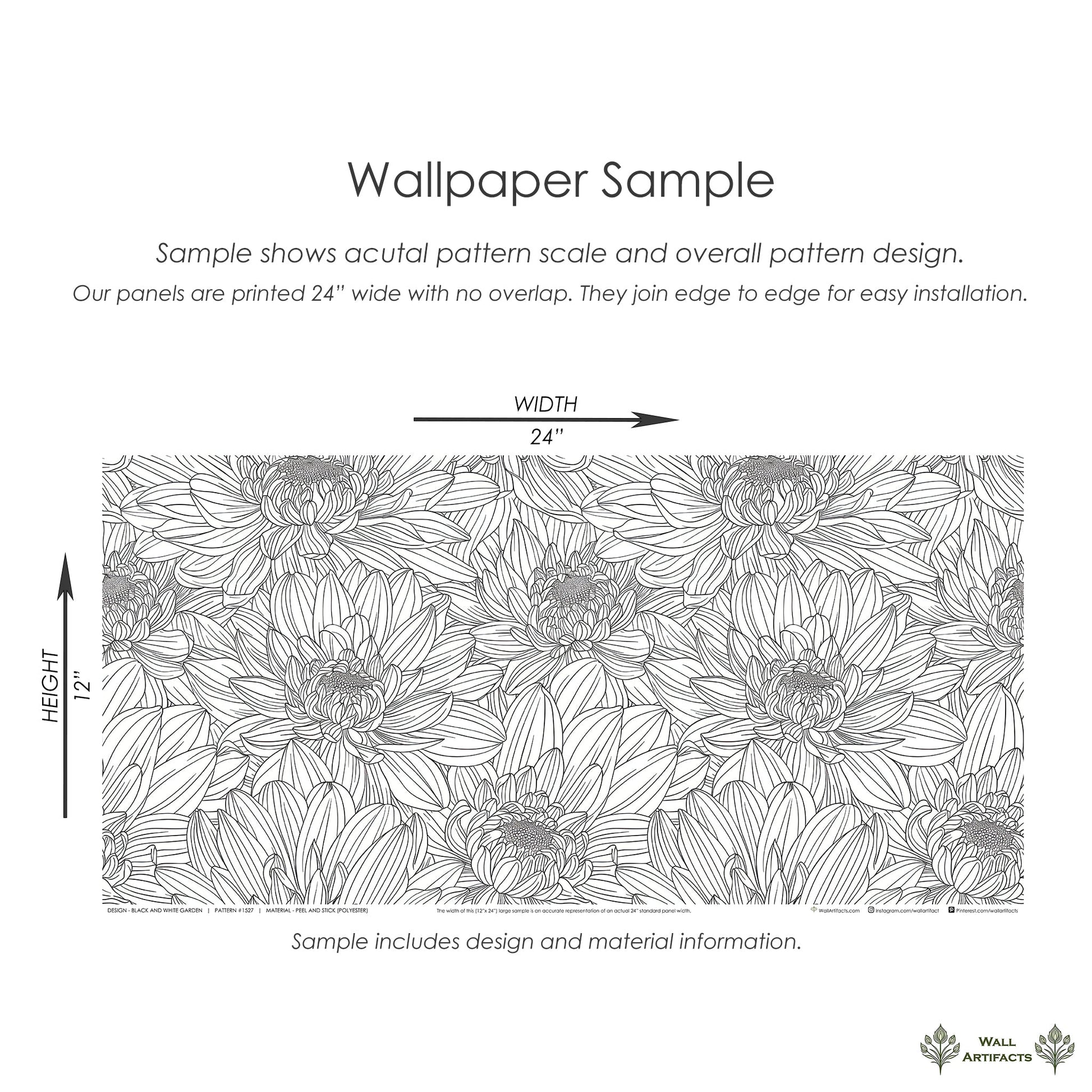 Monochrome black and white floral wallpaper sample featuring chrysanthemums, perfect for modern minimalist interiors. Size: 24x12 inches.