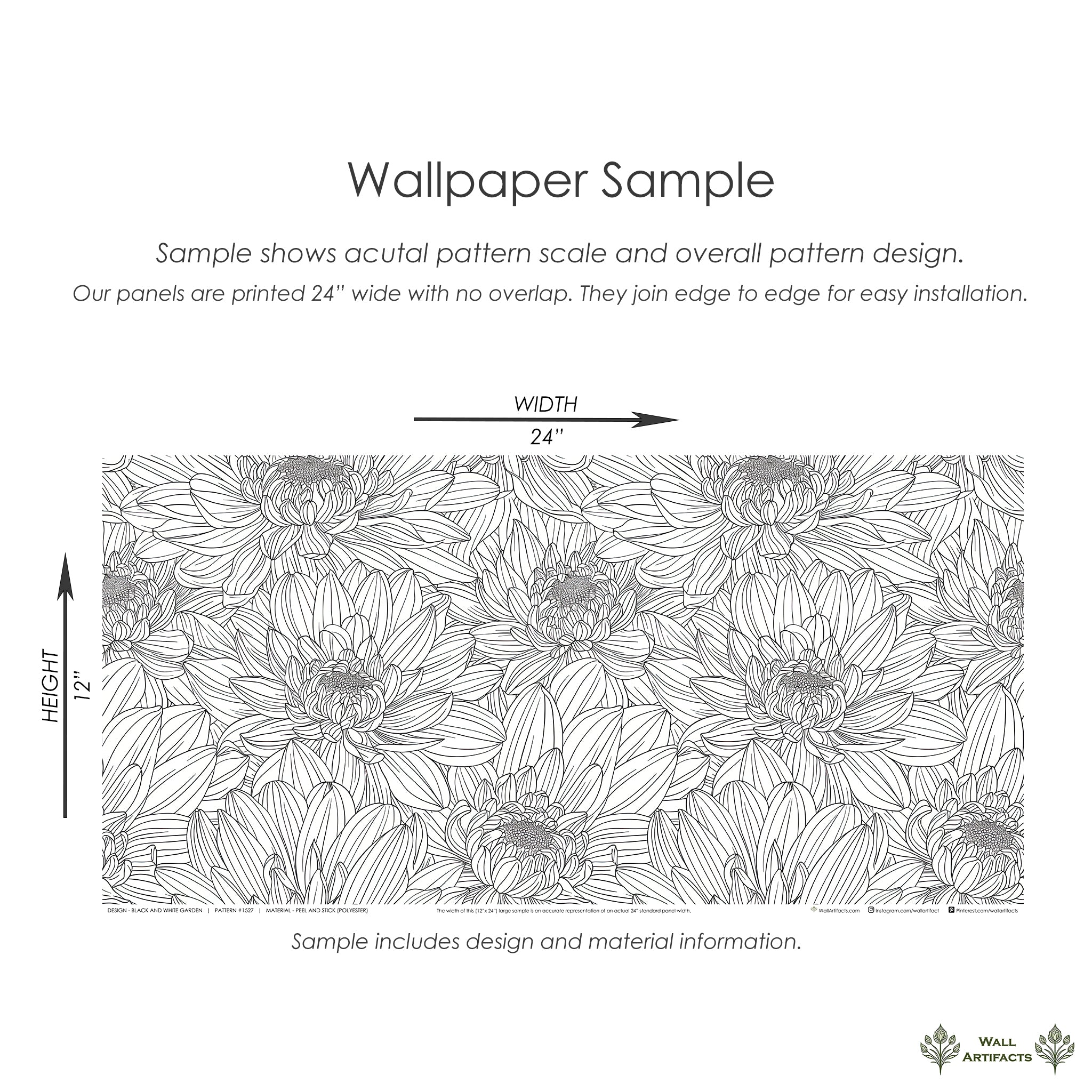 Monochrome black and white floral wallpaper sample featuring chrysanthemums, perfect for modern minimalist interiors. Size: 24x12 inches.