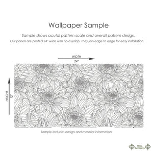 Monochrome black and white floral wallpaper sample featuring chrysanthemums, perfect for modern minimalist interiors. Size: 24x12 inches.