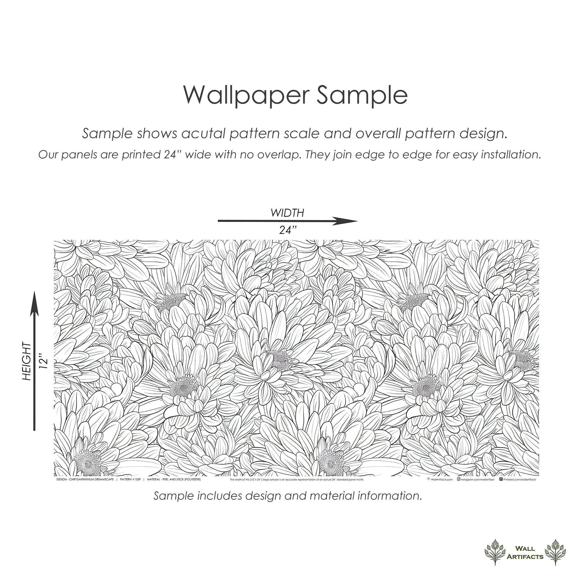Chrysanthemum Dreamscape monochrome floral wallpaper sample in black and white, featuring detailed hand-drawn flowers, 24"x12".
