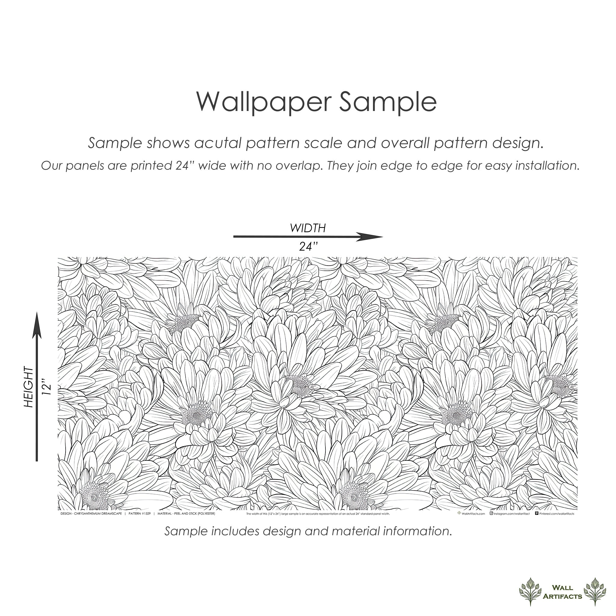 Chrysanthemum Dreamscape monochrome floral wallpaper sample in black and white, featuring detailed hand-drawn flowers, 24"x12".