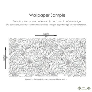 Chrysanthemum Dreamscape monochrome floral wallpaper sample in black and white, featuring detailed hand-drawn flowers, 24"x12".