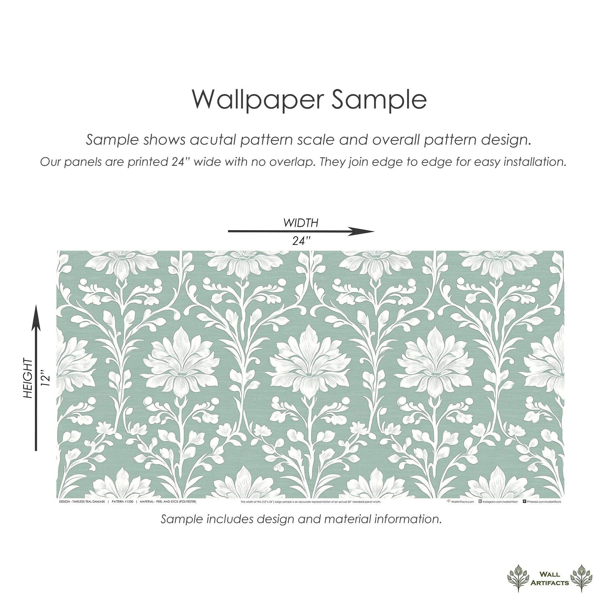 Sample of Timeless Teal Damask Wallpaper featuring white floral designs on a soft green background, displayed with dimensions.