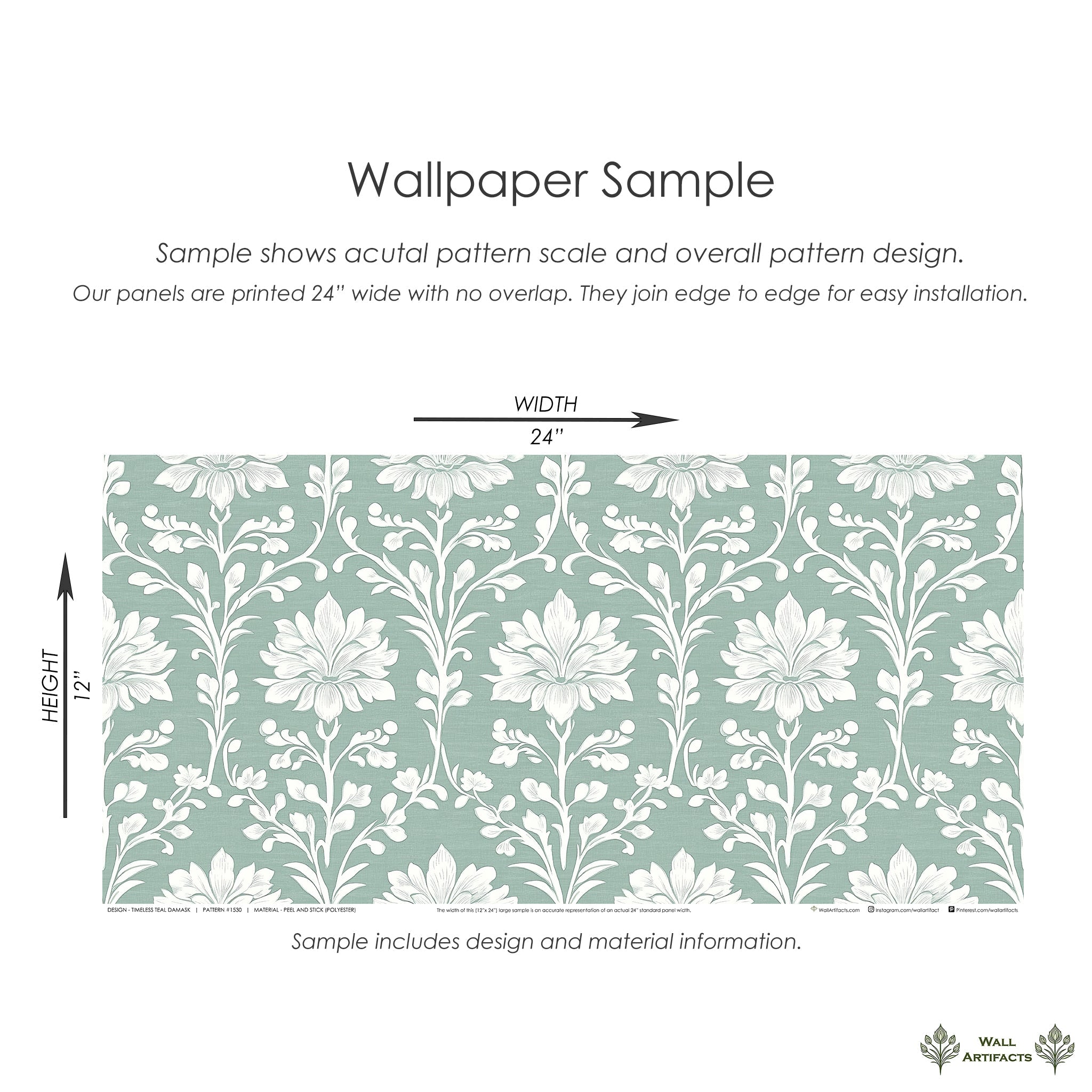Sample of Timeless Teal Damask Wallpaper featuring white floral designs on a soft green background, displayed with dimensions.