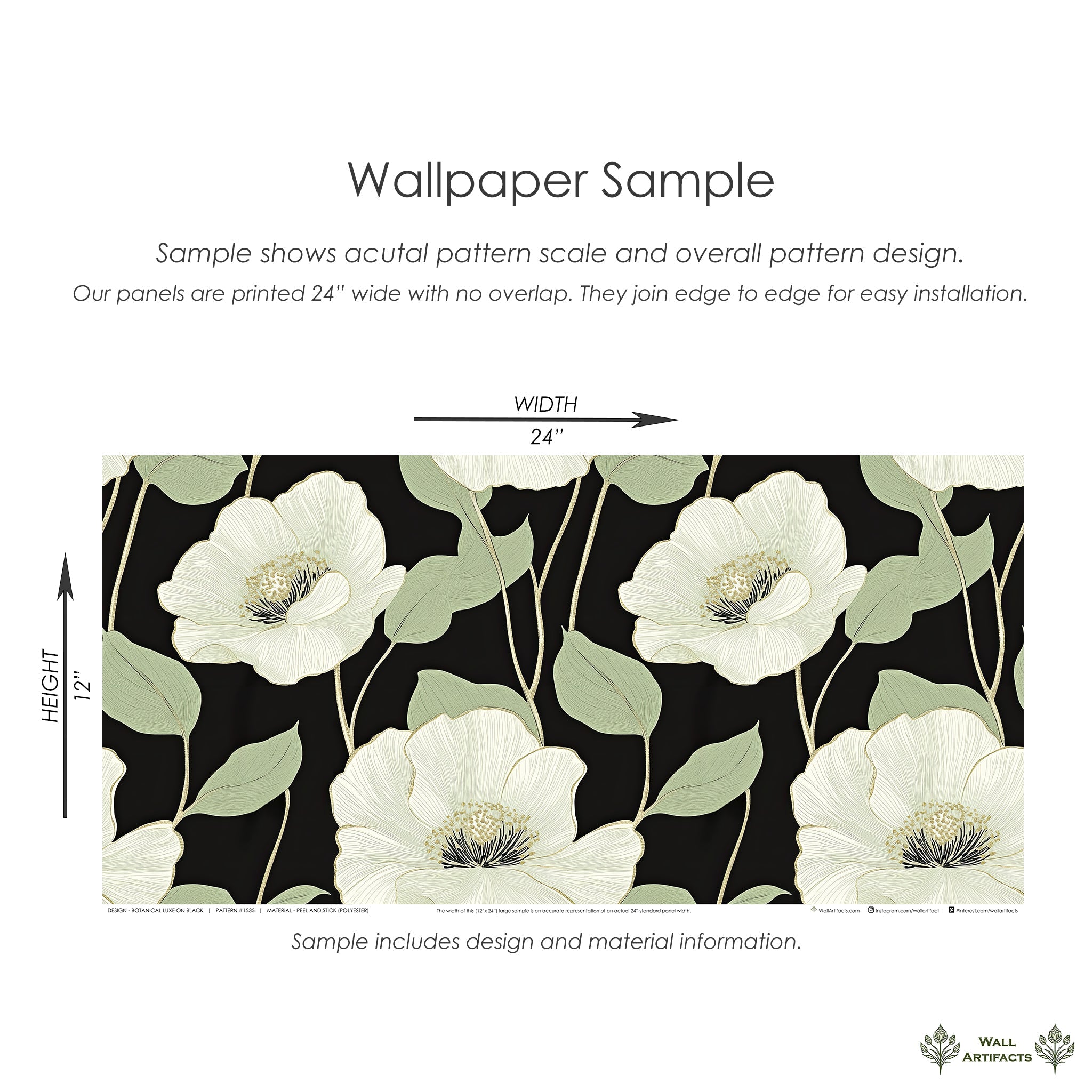 Botanical Luxe on Black wallpaper with ivory flowers, sage green leaves on black background; sample size 24x12 inches from Wall Artifacts.