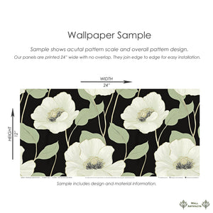 Botanical Luxe on Black wallpaper with ivory flowers, sage green leaves on black background; sample size 24x12 inches from Wall Artifacts.