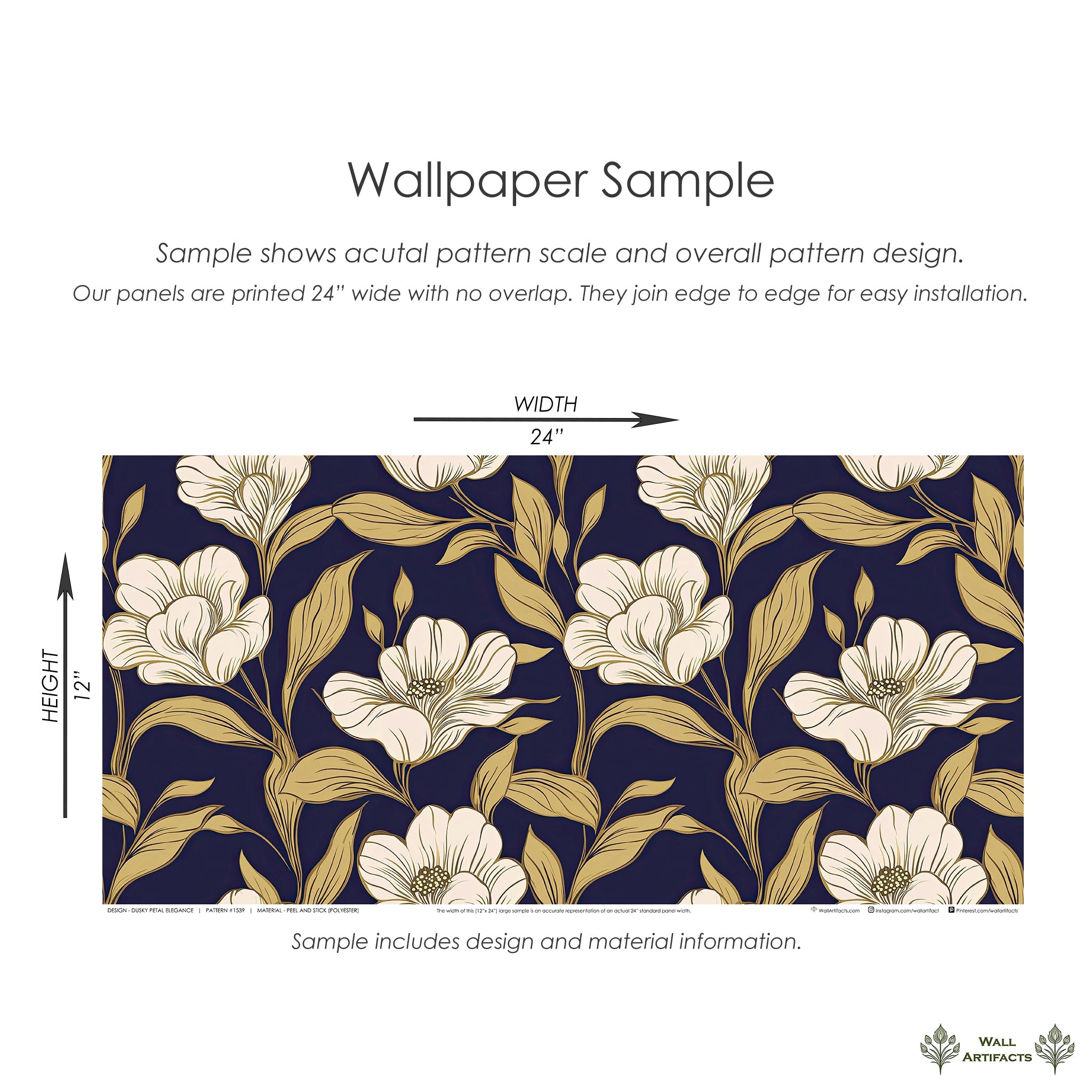 Dusky Petal Elegance floral wallpaper sample featuring ivory petals and golden linework on navy background showcasing sophisticated design.