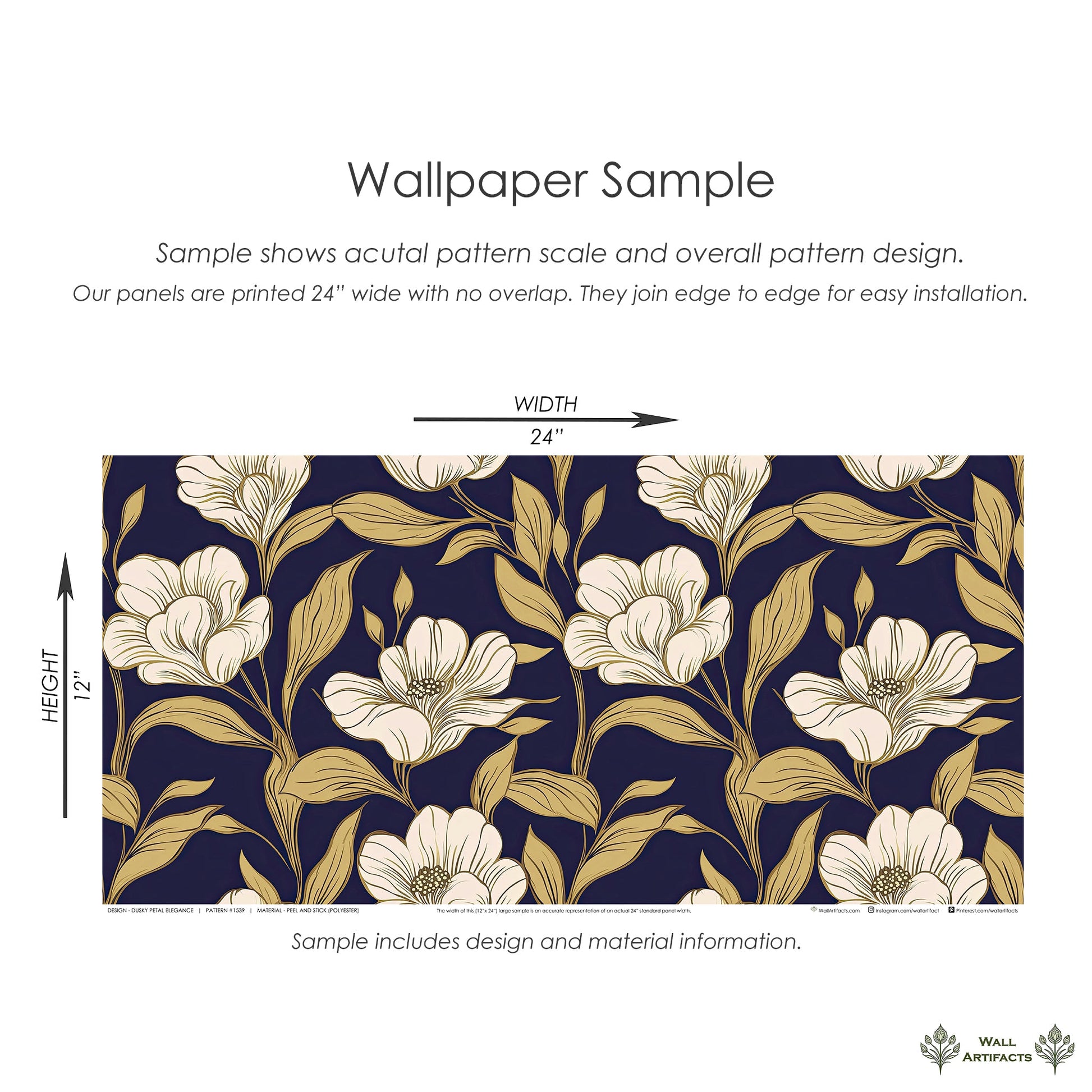 Dusky Petal Elegance floral wallpaper sample featuring ivory petals and golden linework on navy background showcasing sophisticated design.