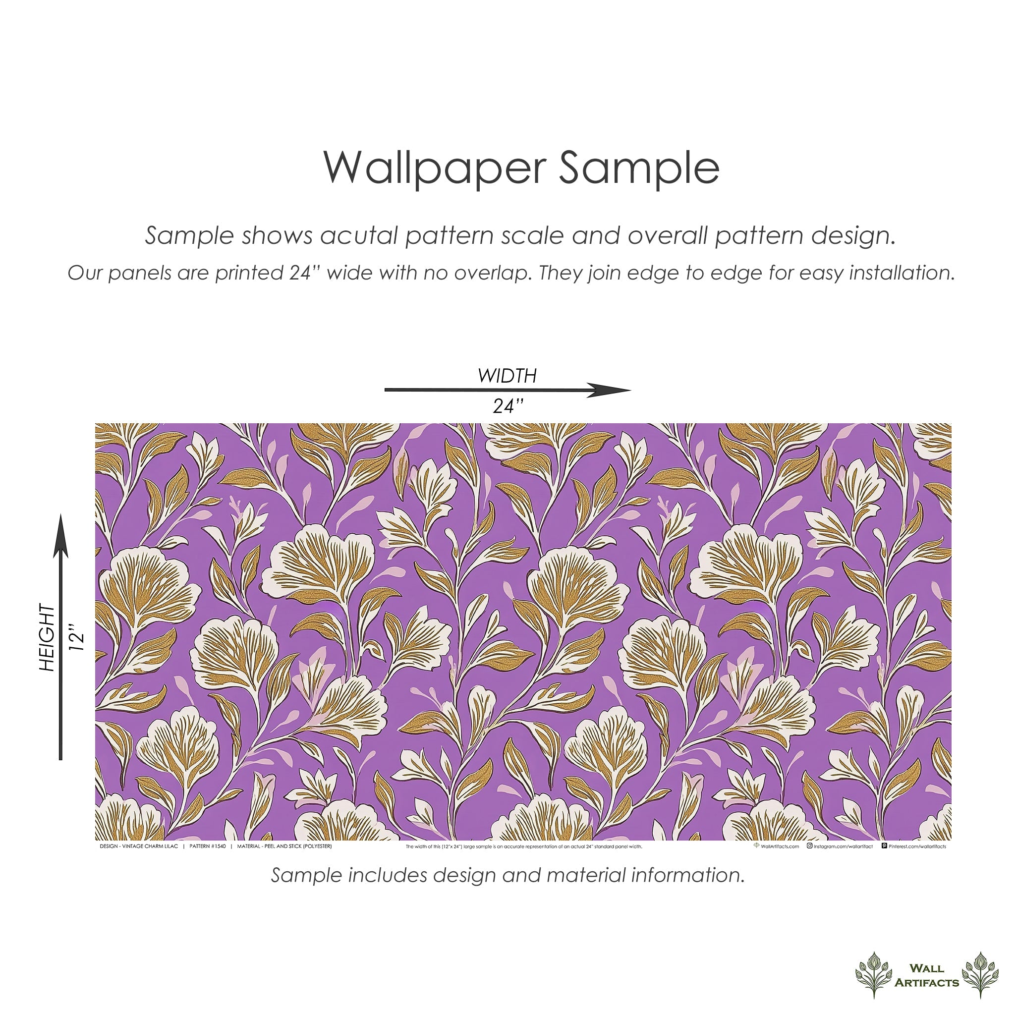 Floral wallpaper sample featuring golden and ivory vintage flowers on a striking lilac background, perfect for elegant home decor.