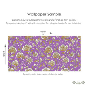 Floral wallpaper sample featuring golden and ivory vintage flowers on a striking lilac background, perfect for elegant home decor.