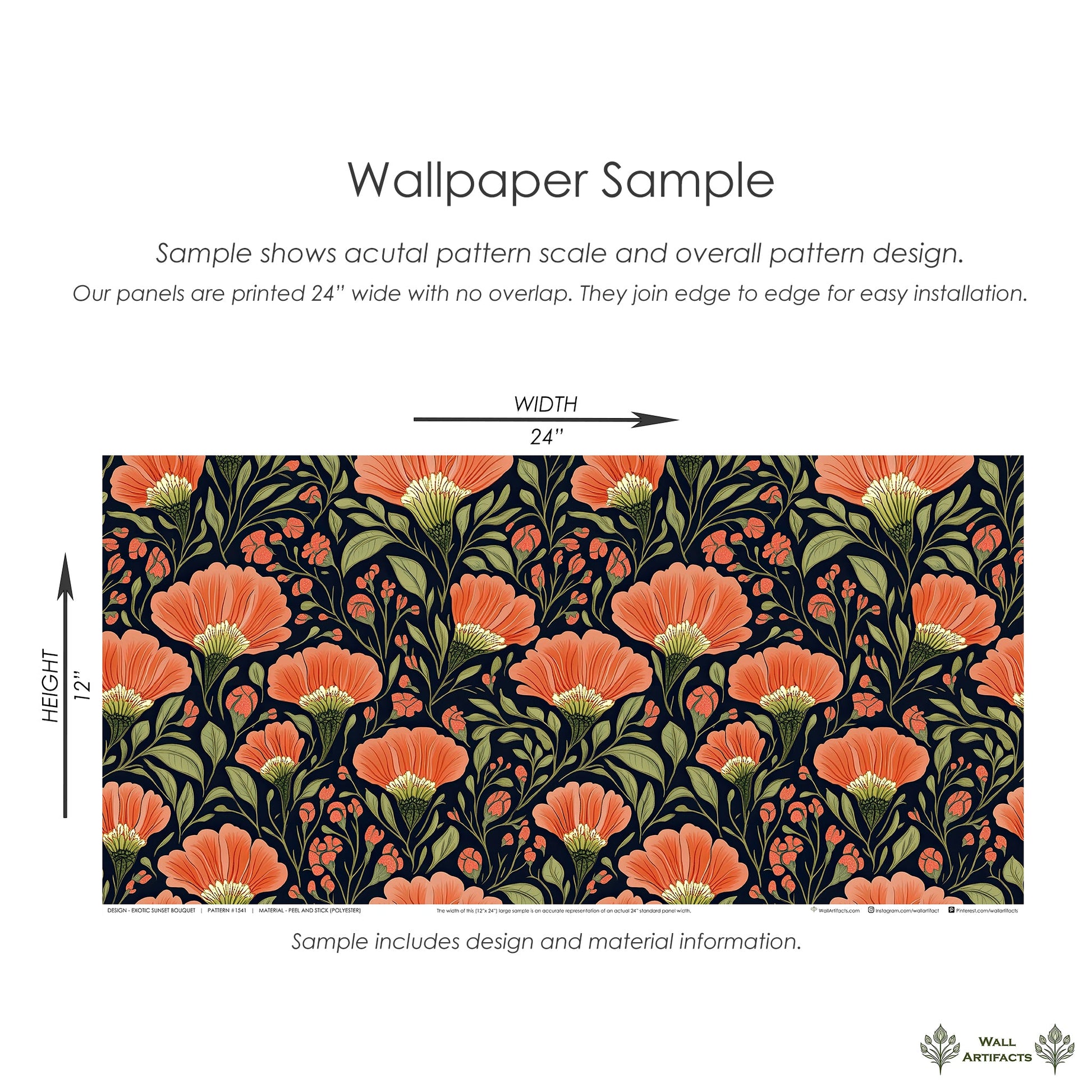 Exotic Sunset Bouquet floral wallpaper sample with vivid coral flowers and olive green foliage on a deep midnight background.