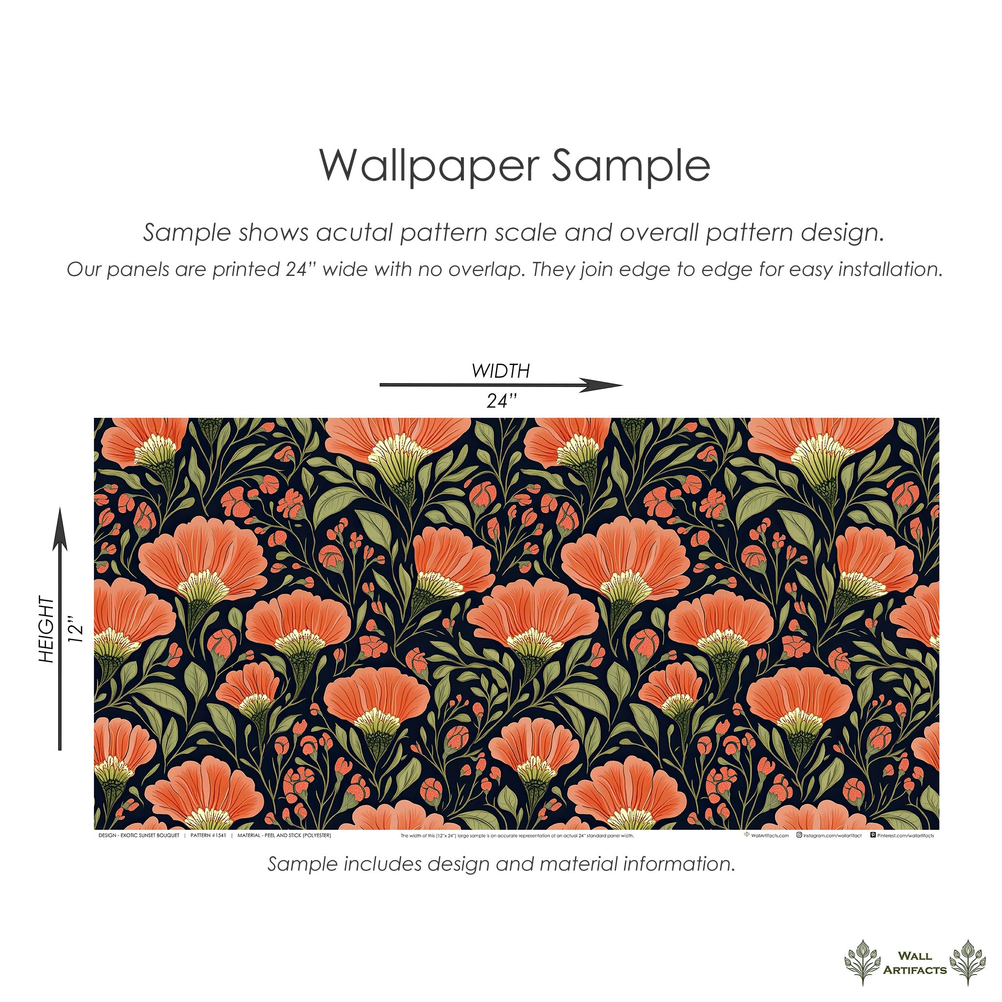 Exotic Sunset Bouquet floral wallpaper sample with vivid coral flowers and olive green foliage on a deep midnight background.