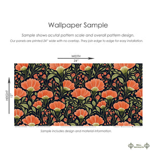 Exotic Sunset Bouquet floral wallpaper sample with vivid coral flowers and olive green foliage on a deep midnight background.