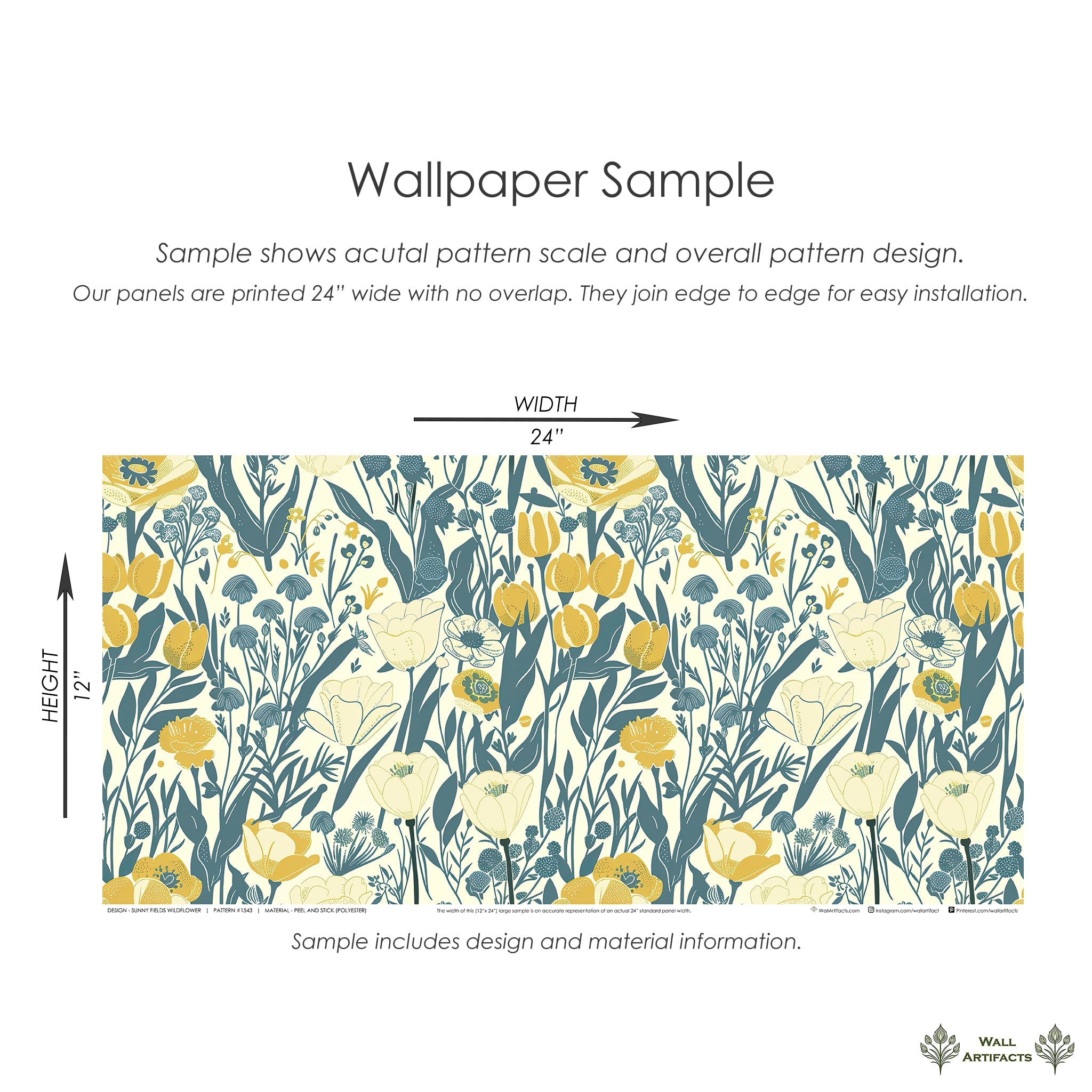 Sunny Fields Wildflower wallpaper featuring yellow, teal, and ivory floral designs; perfect for cottagecore and creative spaces.