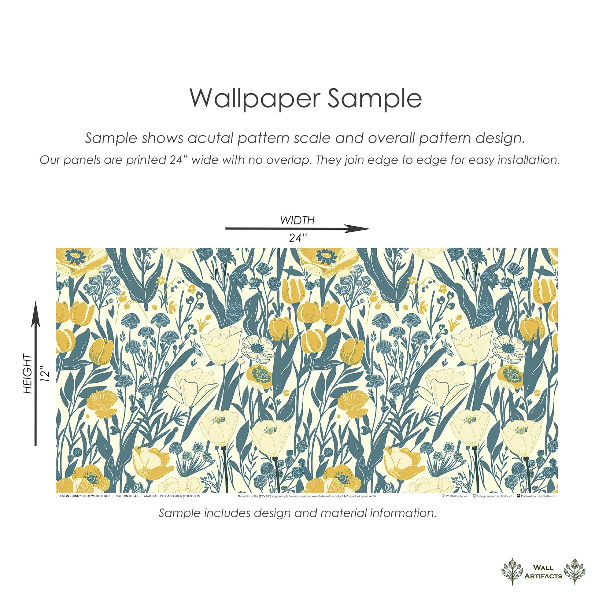 Sunny Fields Wildflower wallpaper featuring yellow, teal, and ivory floral designs; perfect for cottagecore and creative spaces.