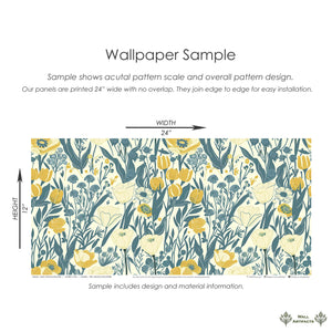 Sunny Fields Wildflower wallpaper featuring yellow, teal, and ivory floral designs; perfect for cottagecore and creative spaces.