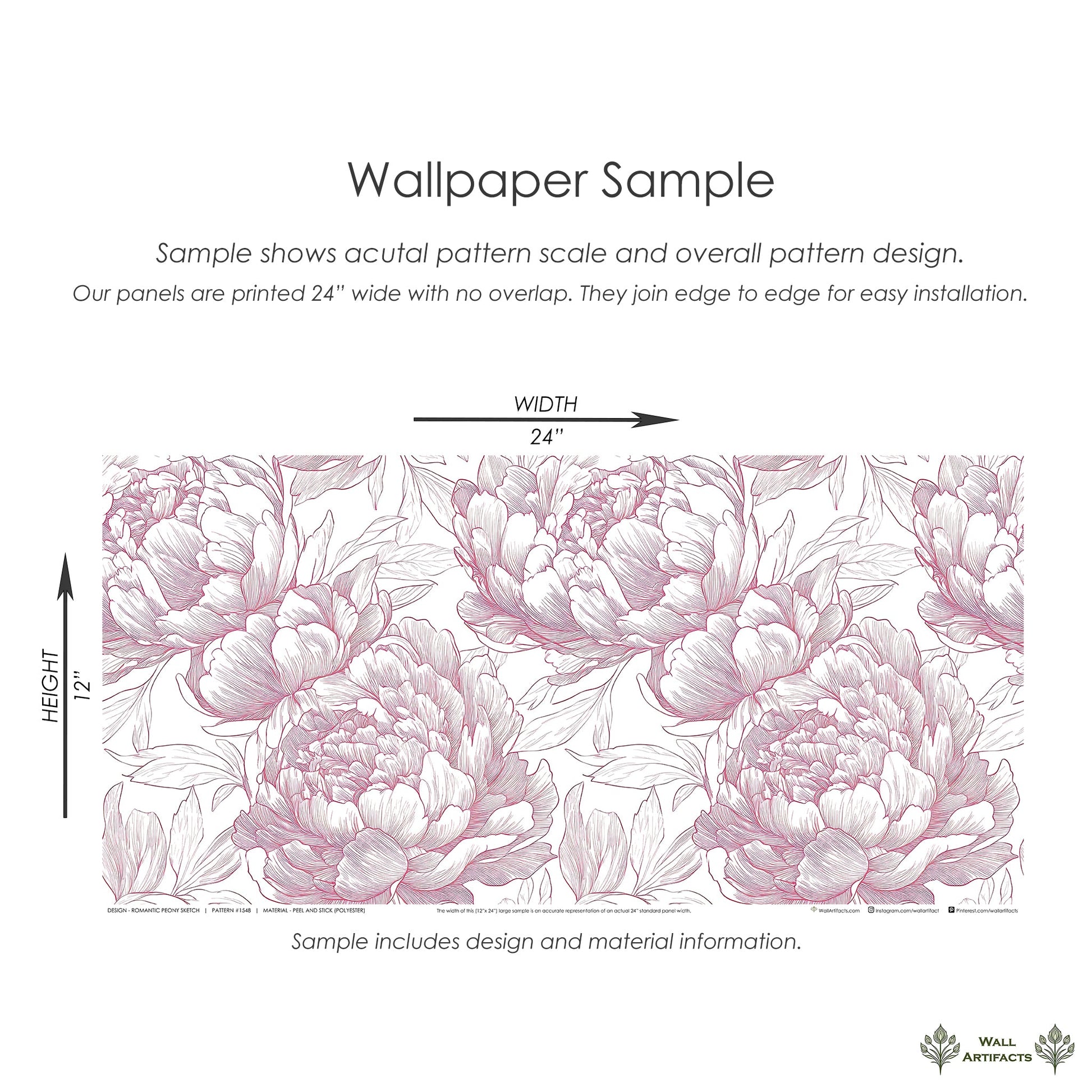 Sample of Romantic Peony Sketch wallpaper featuring monochromatic peony flowers in red, pink, white on a 24x12 inch panel.