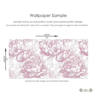 Sample of Romantic Peony Sketch wallpaper featuring monochromatic peony flowers in red, pink, white on a 24x12 inch panel.