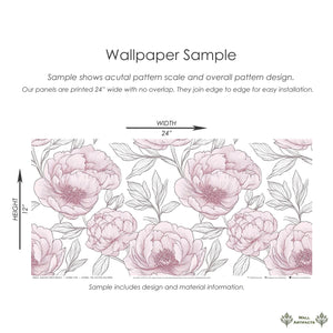 Elegant Romantic Peony Sketch II Wallpaper with pink peonies, monochromatic design, perfect for adding a romantic flair to any room.