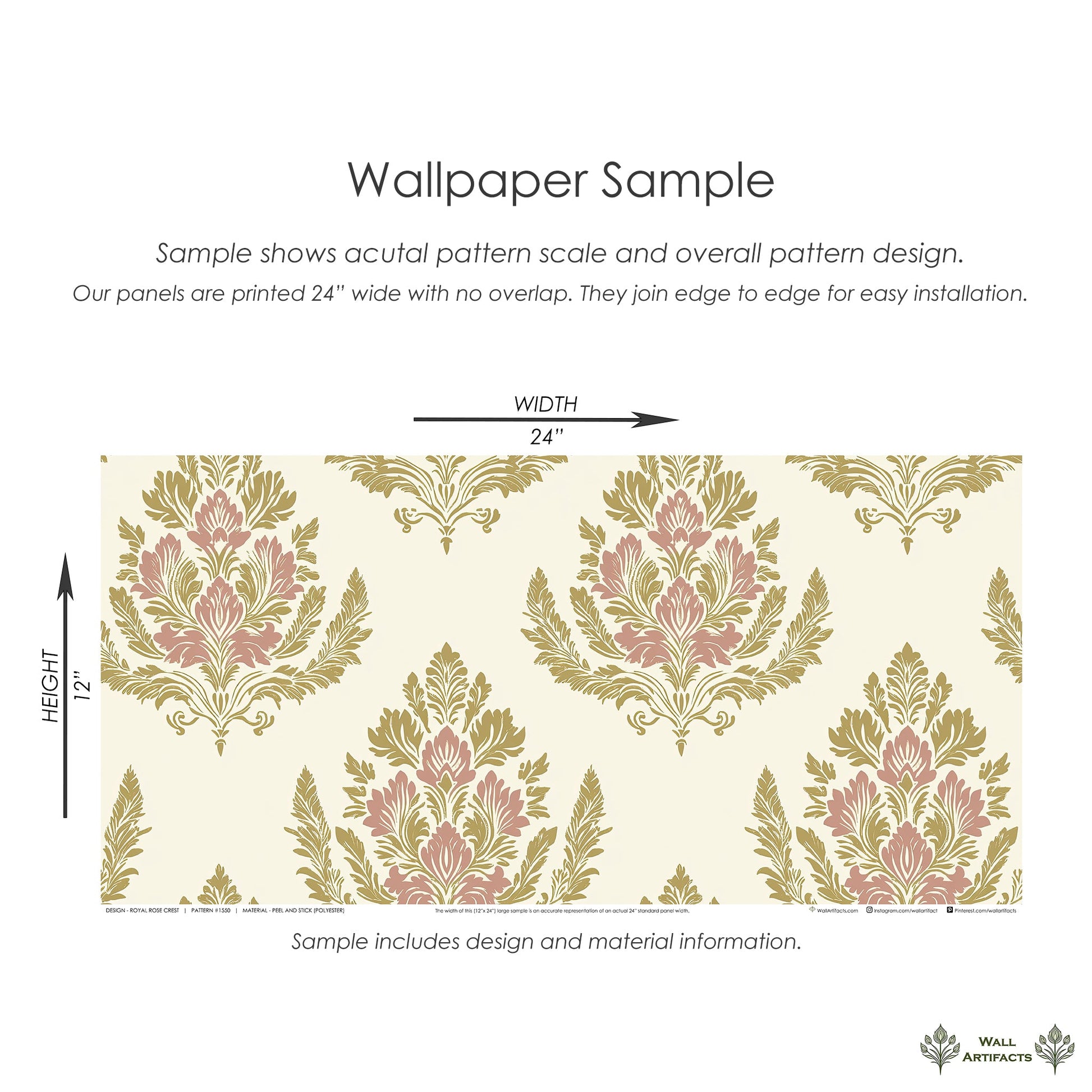 Royal Rose Crest wallpaper sample with floral damask design in pink, gold, and tan colors. Ideal for vintage or retro interiors.