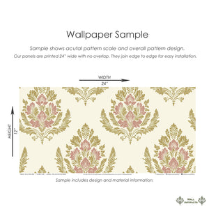 Royal Rose Crest wallpaper sample with floral damask design in pink, gold, and tan colors. Ideal for vintage or retro interiors.