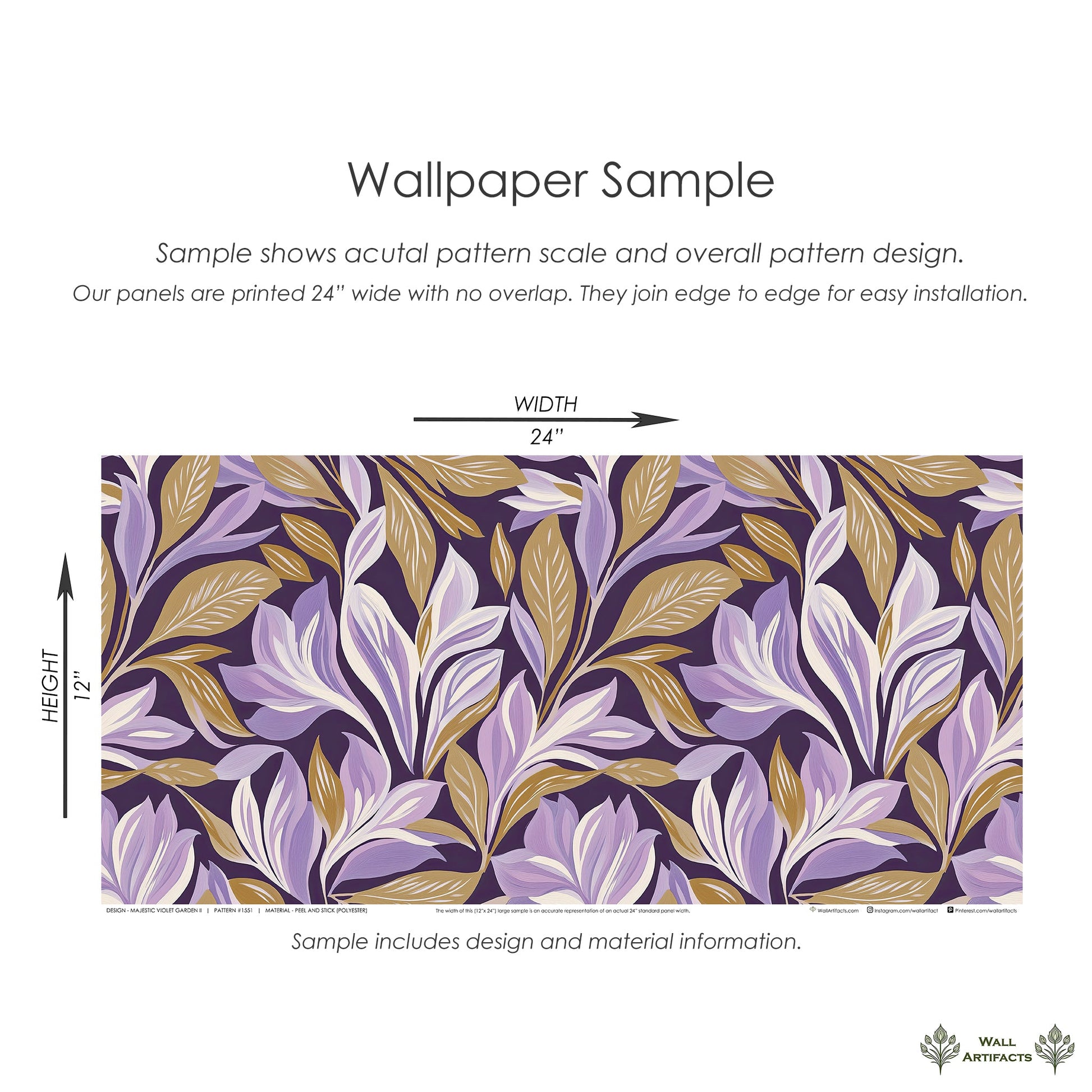 Majestic Violet Garden II wallpaper sample with floral pattern in purple, gold, and ivory, showcasing luxurious botanical design.