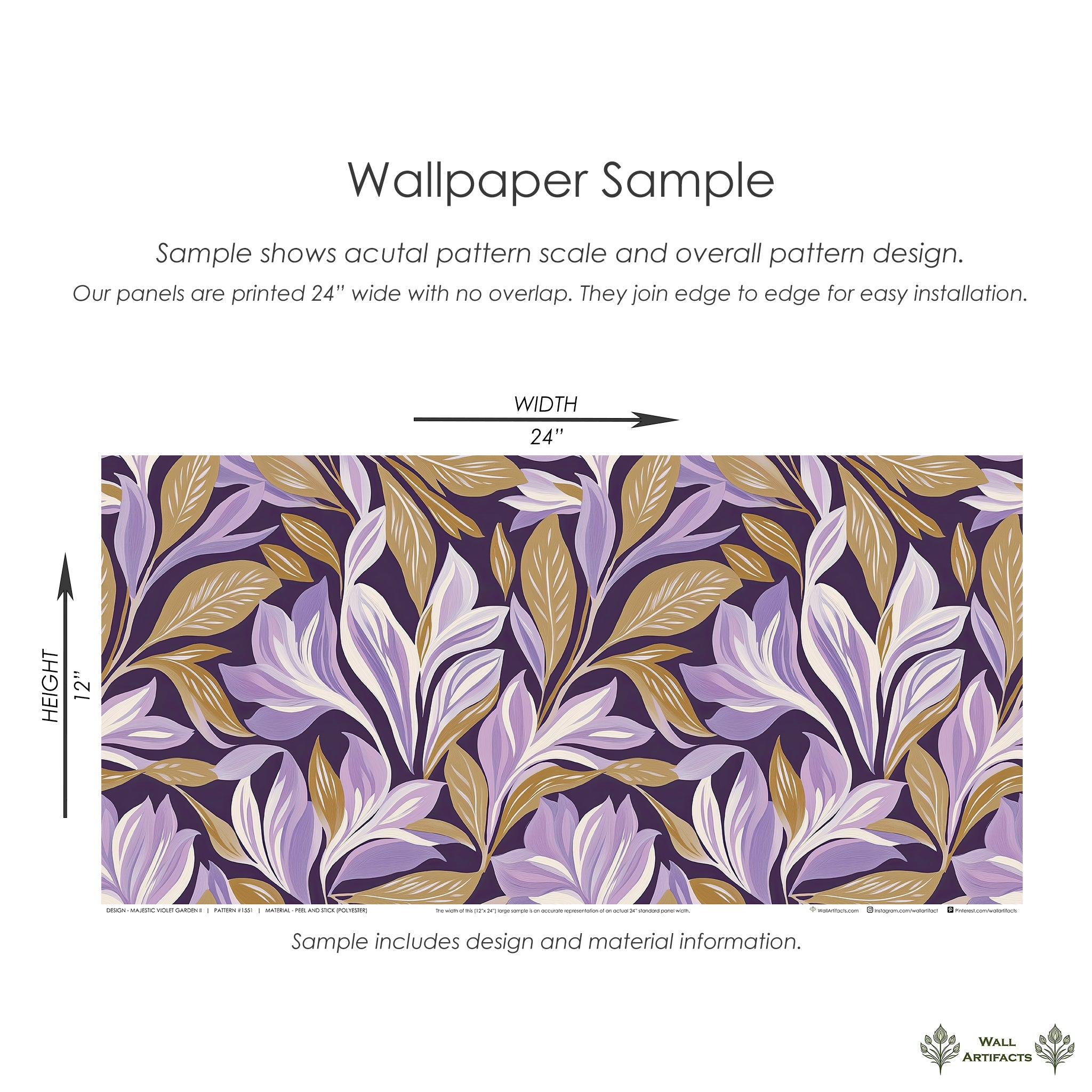 Majestic Violet Garden II wallpaper sample with floral pattern in purple, gold, and ivory, showcasing luxurious botanical design.